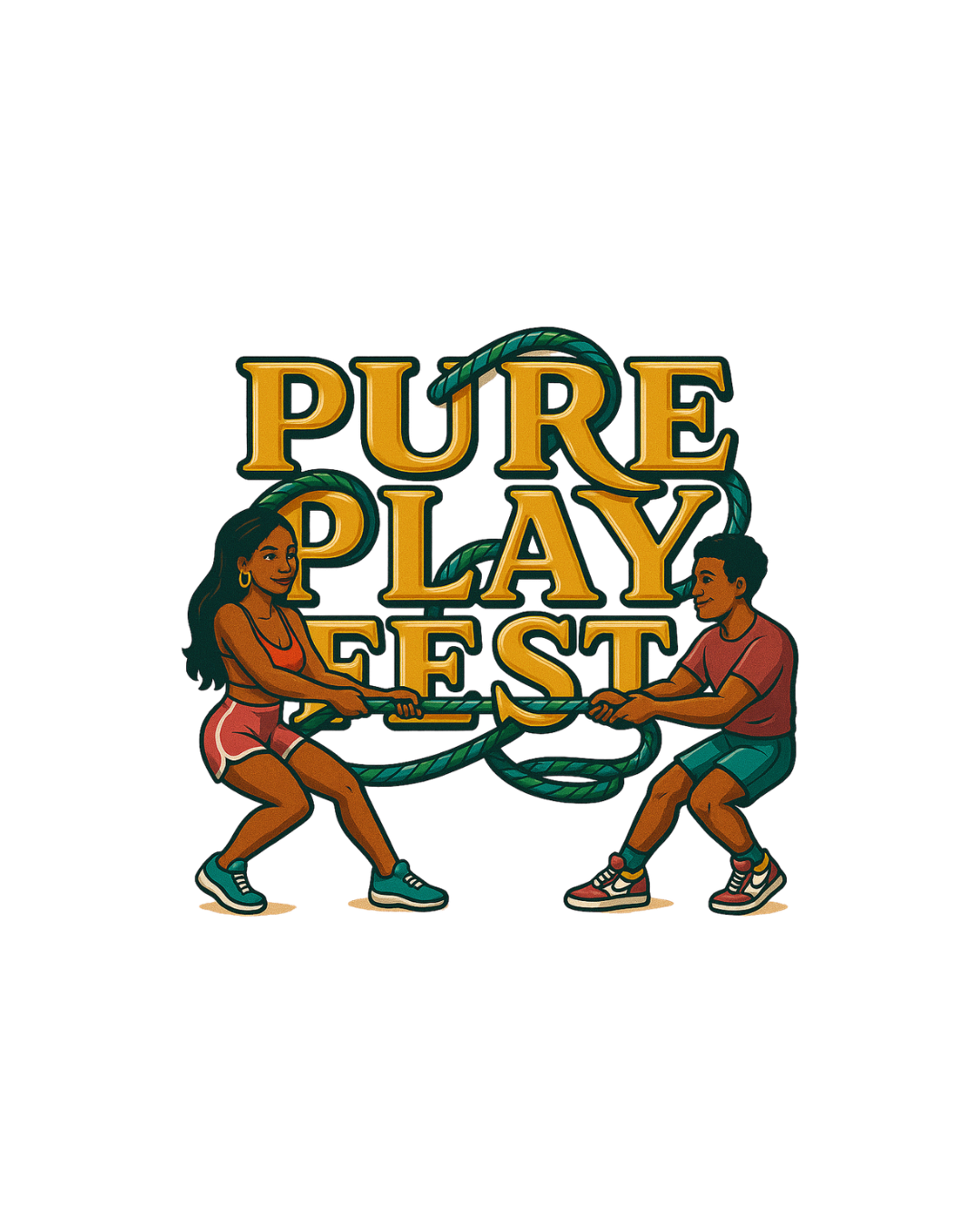 Illustration of two people, a girl and a boy, engaging in a tug-of-war with a rope, with the text 'Pure Play Fest' above them.