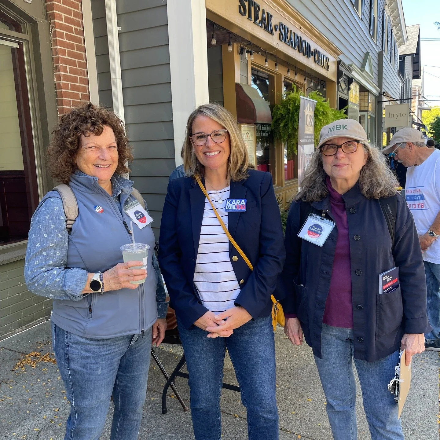 Pounding the pavement on a beautiful Community Day on Millbrook's Franklin Ave. Name tags, palm cards, clipboards and sneakers. Maxine Verne, left for Washington Town Board, Kara Gerry, for County Court Judge, and Susan Mancuso, for Washington Town B