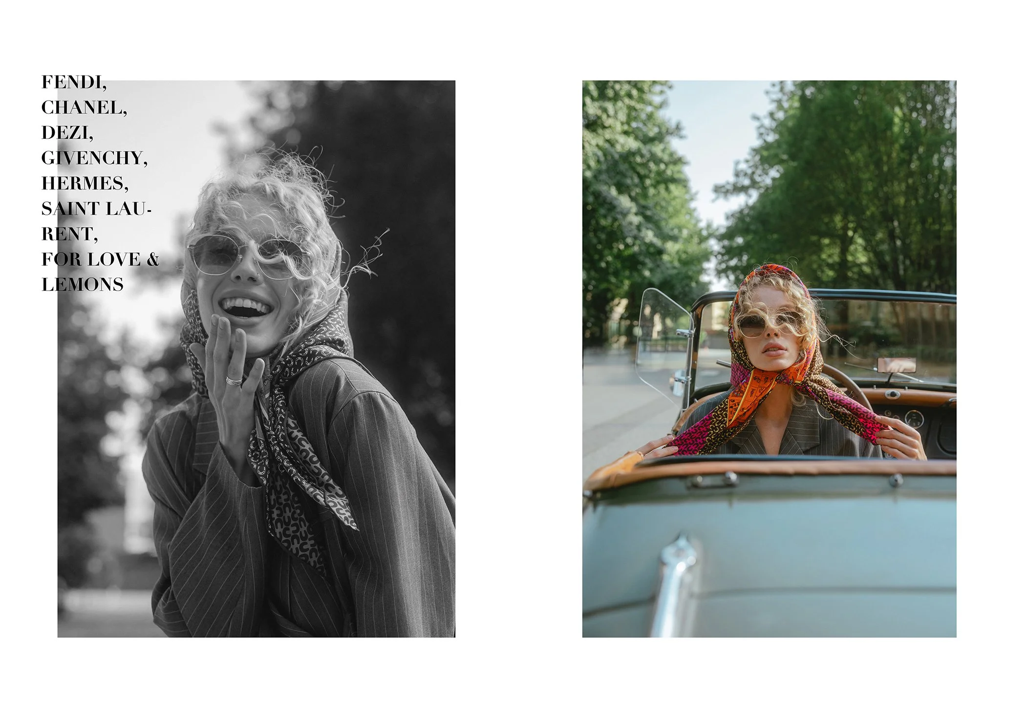 A split image with the left side showing a black and white photo of a woman smiling, wearing sunglasses and a patterned headscarf, with text listing luxury brands and phrases about love and lemons. The right side showing a color photo of the same wom