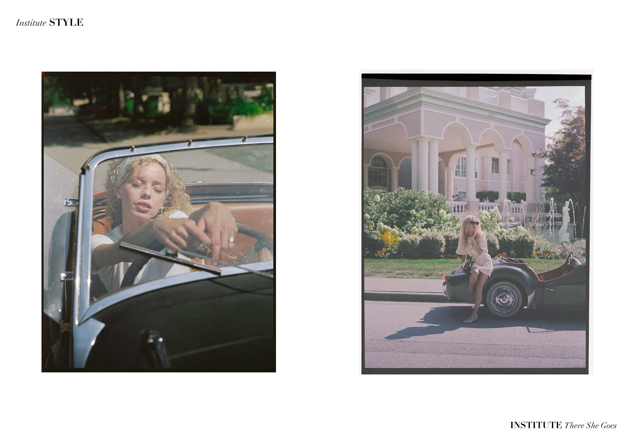 Side-by-side images of women with vintage cars in elegant settings. The left shows a woman with curly blonde hair driving a classic convertible, the right shows a woman with long wavy blonde hair sitting on a vintage car in front of a mansion with a
