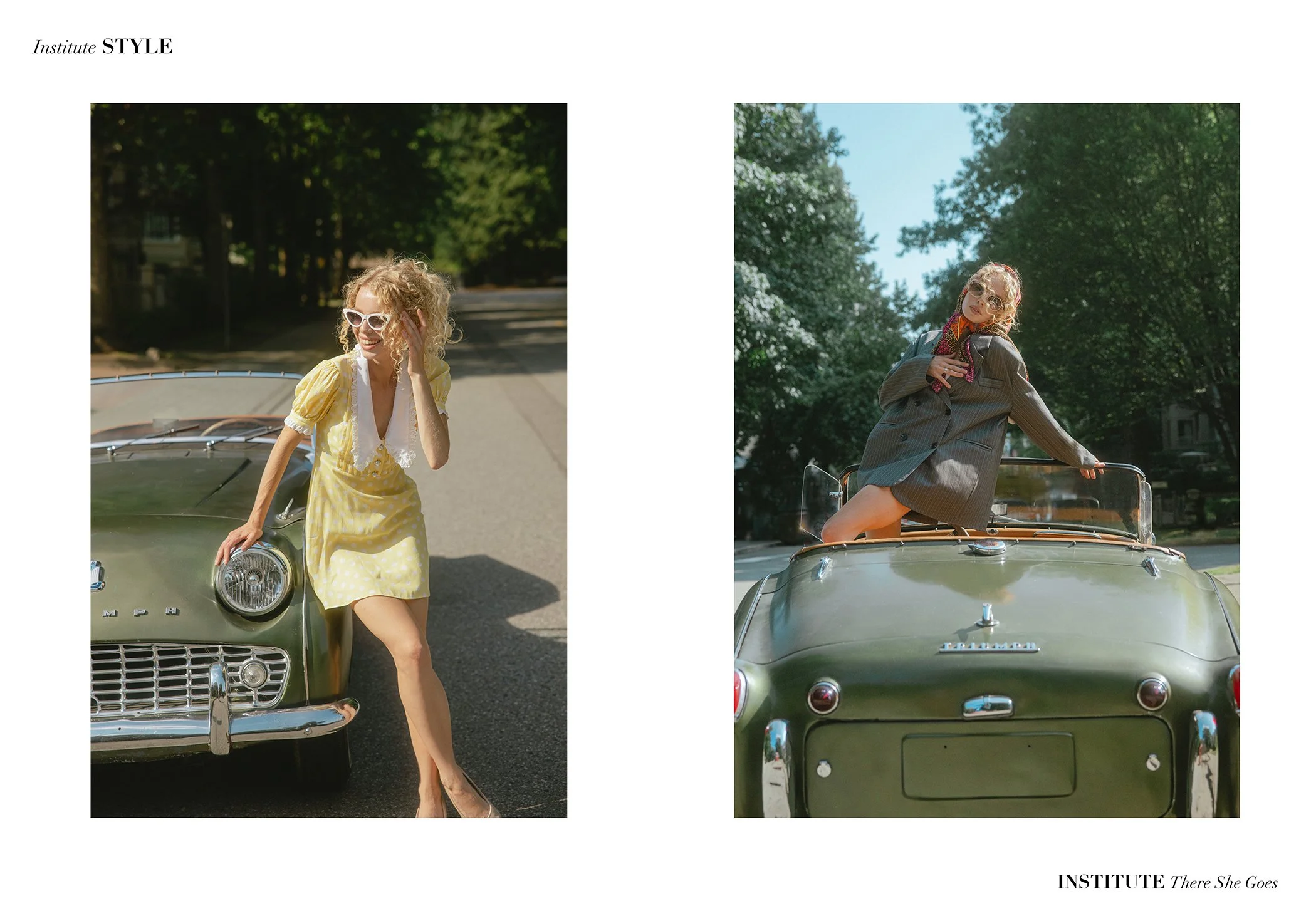 A woman with curly blonde hair, wearing a yellow dress with white polka dots and white sunglasses, leaning on the front of a green vintage convertible car on a sunny street. In another photo, she is sitting on the back of the same vintage green conve