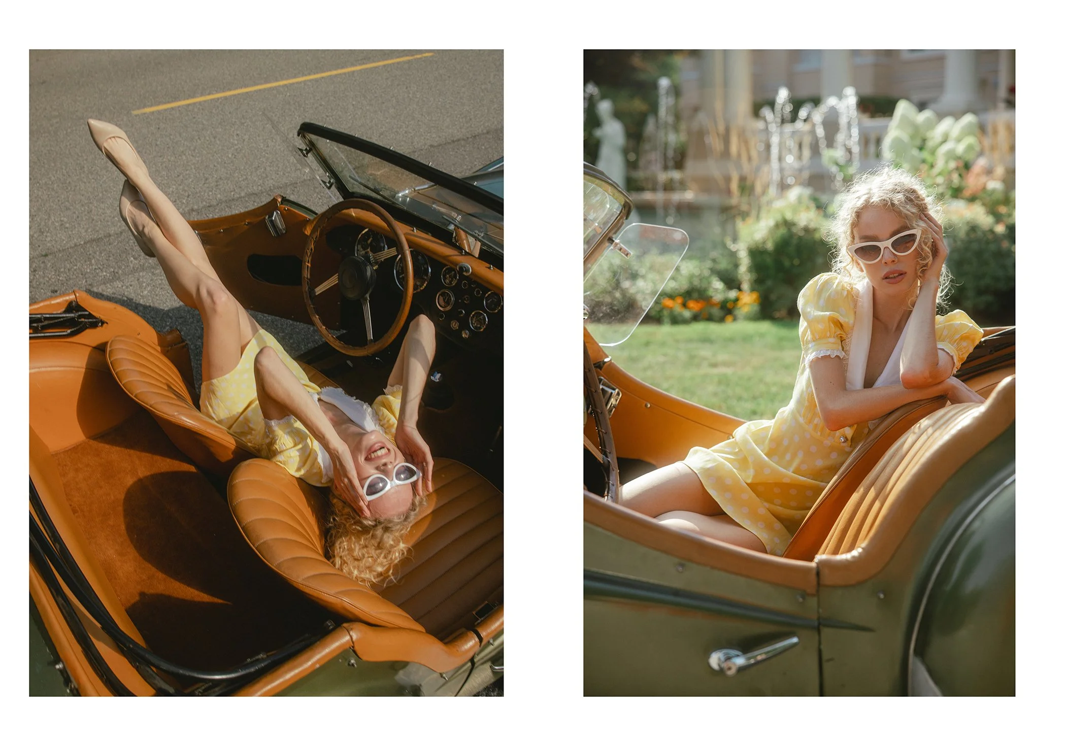 A girl in a yellow polka dot dress and white sunglasses relaxing in a vintage convertible car. In the first image, she is lying on her back on the car's tan leather seat, smiling and adjusting her sunglasses. In the second image, she is sitting uprig