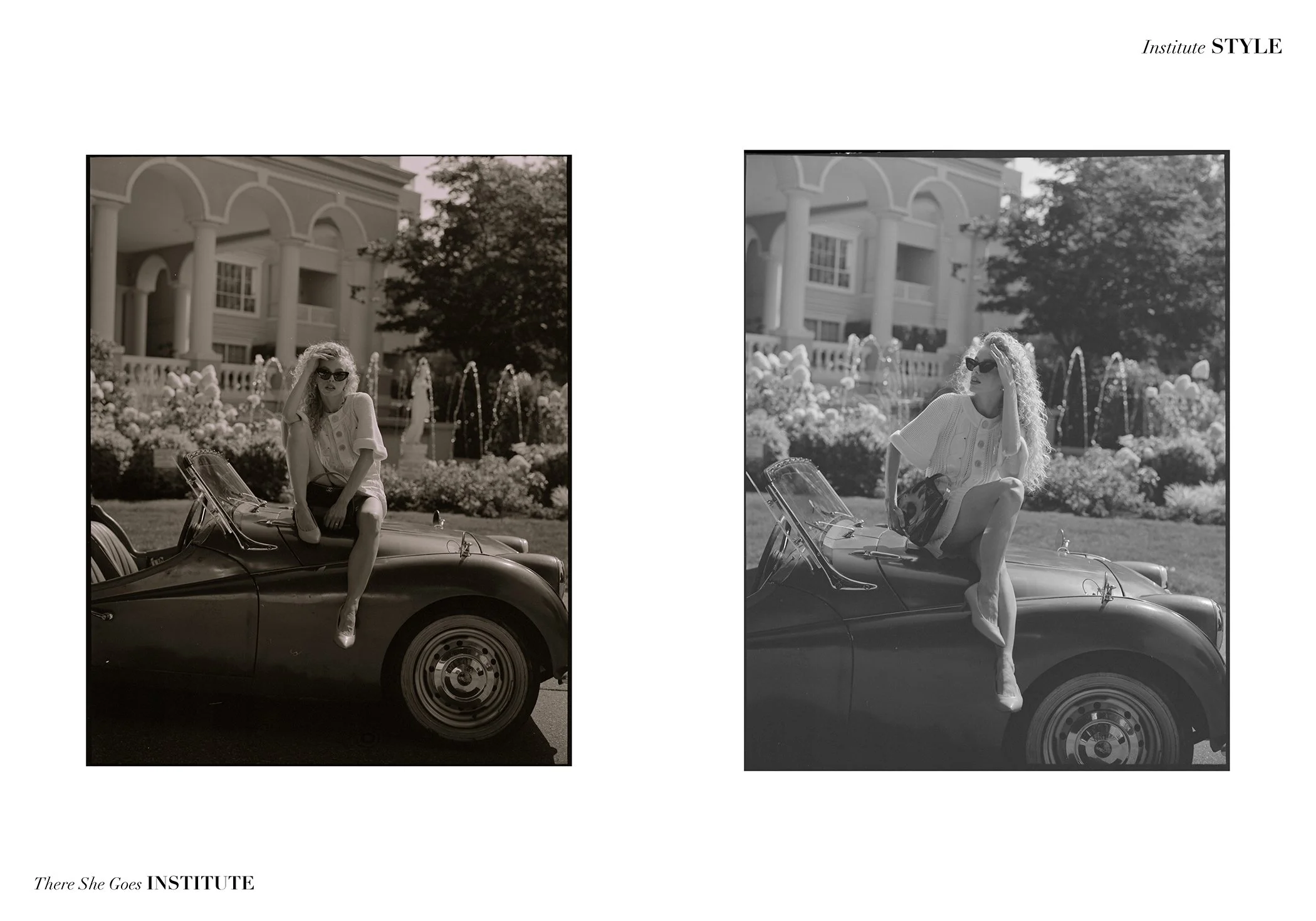Two black and white photographs of a woman with curly hair wearing sunglasses, sitting on a vintage car in front of a building with fountains and flowers.