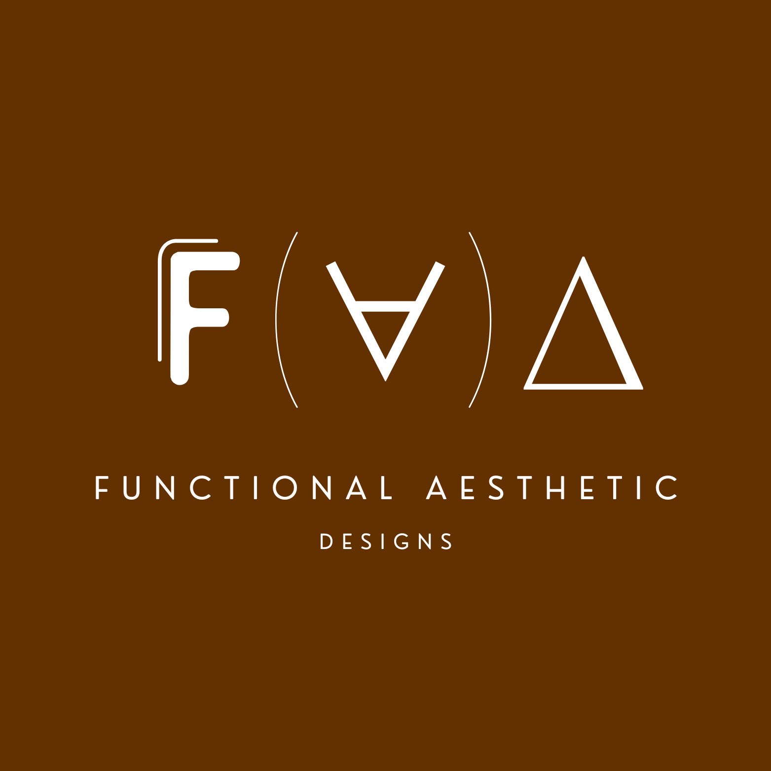 Brown background with white stylized text 'FAD' and the words 'Functional Aesthetic Designs' below it.