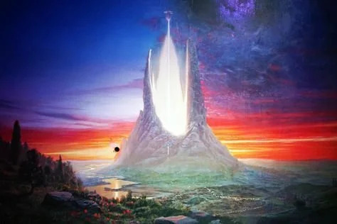 A tall, fantastical castle with glowing towers on a lush landscape during sunset.