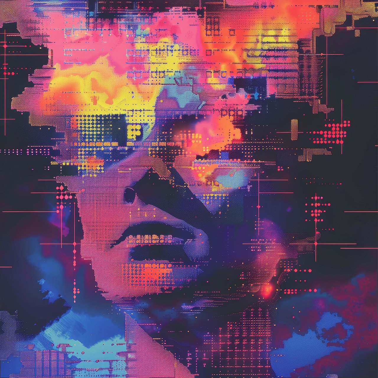 Digital art portrait of a woman with closed eyes, rendered in vibrant colors with pixelated and glitch effects.