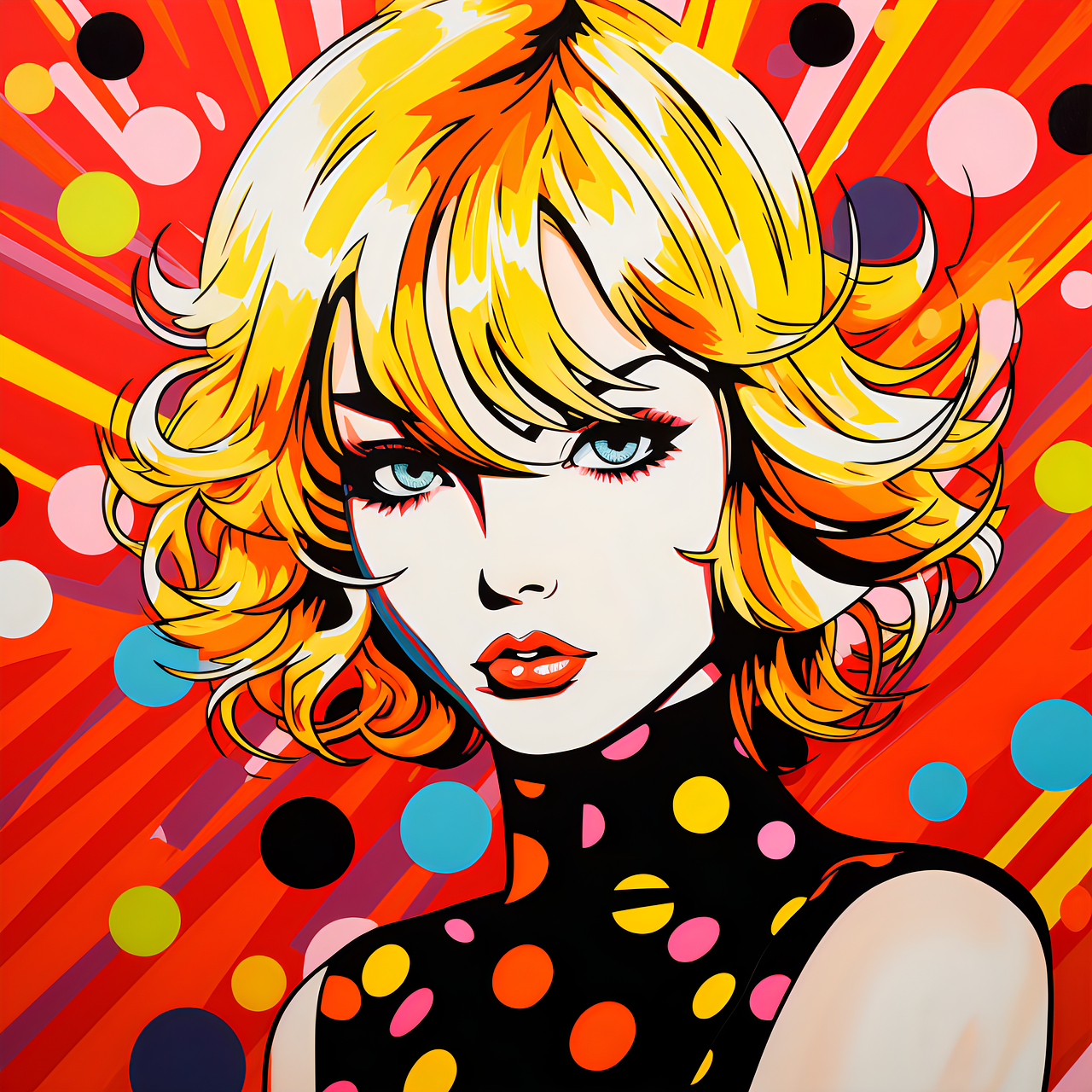 Pop art-style illustration of a woman with blonde, curly hair and bright blue eyes, wearing a black top with colorful polka dots. The background features red, orange, and yellow rays with dots and circular patterns.