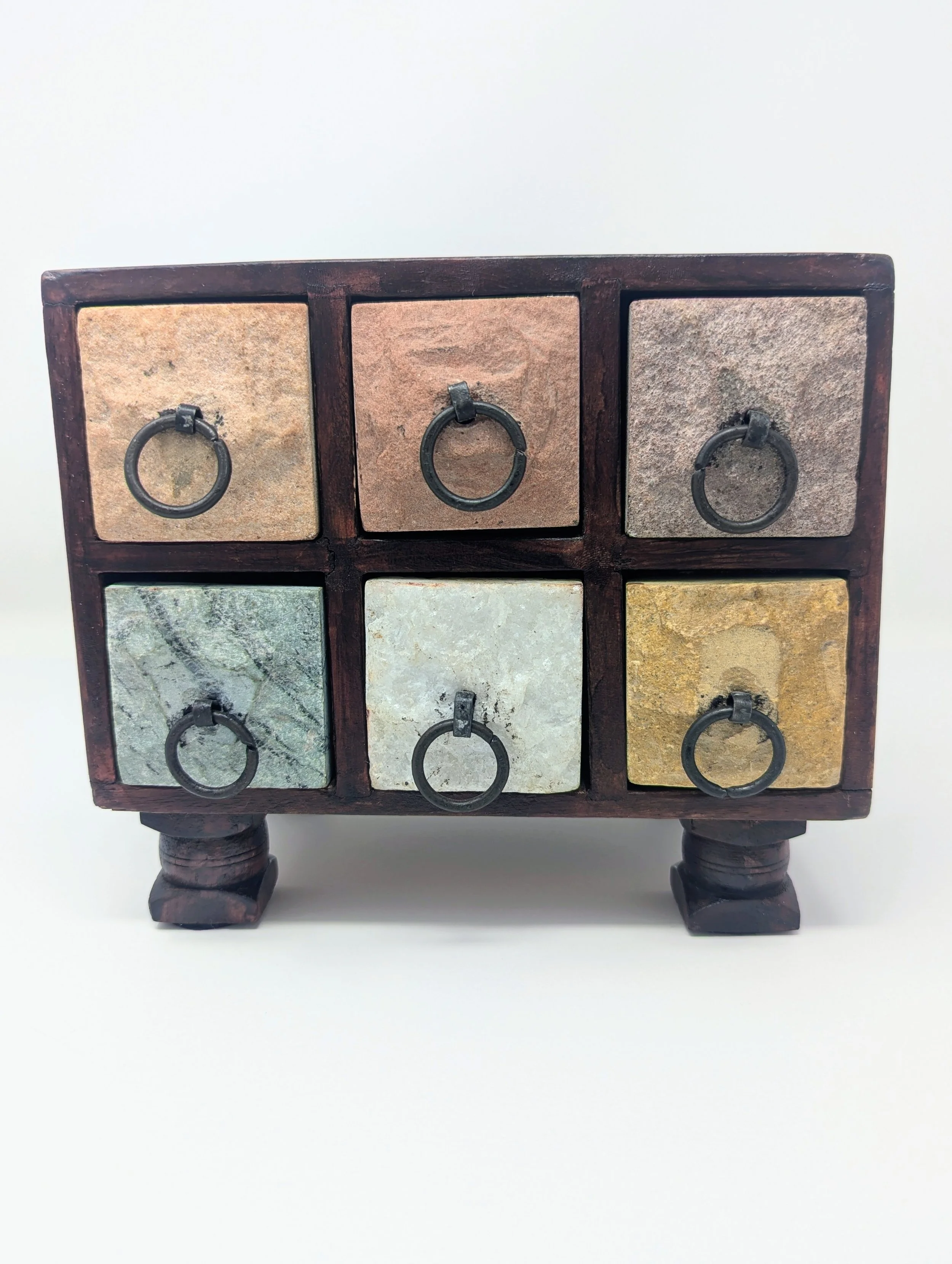 Vintage 6-Drawer Mini Apothecary Chest – Real Stone Fronts & Turned Wood Feet