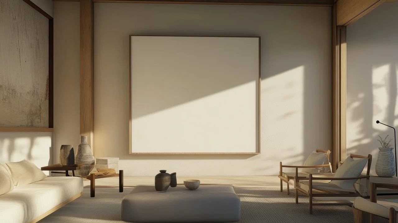 Living room with minimalistic design, sunlight casting shadows on a large blank white canvas, wooden furniture, vases, and pillows.