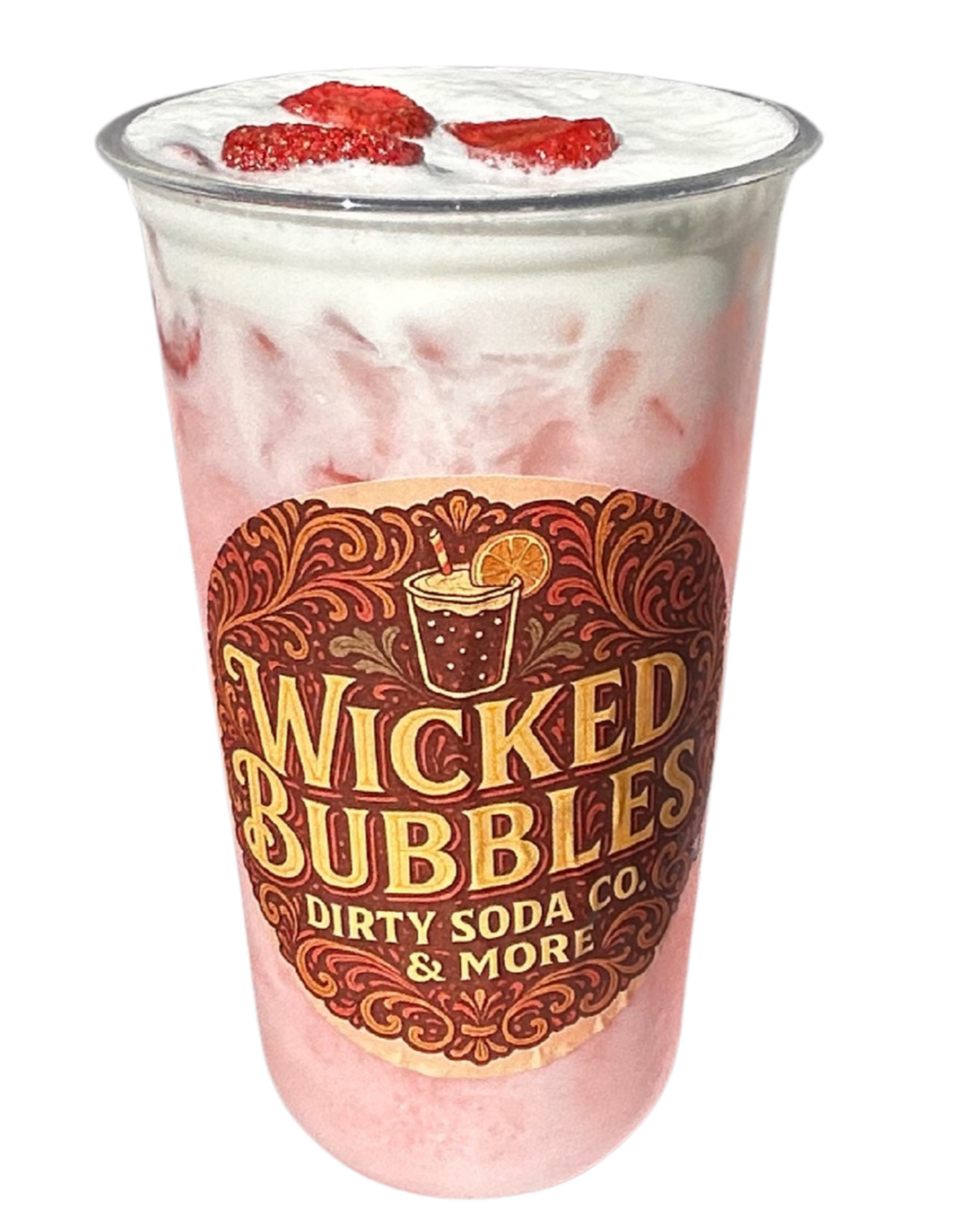 A pink strawberry milkshake topped with sliced strawberries in a clear glass with Wicked Bubbles logo on it.