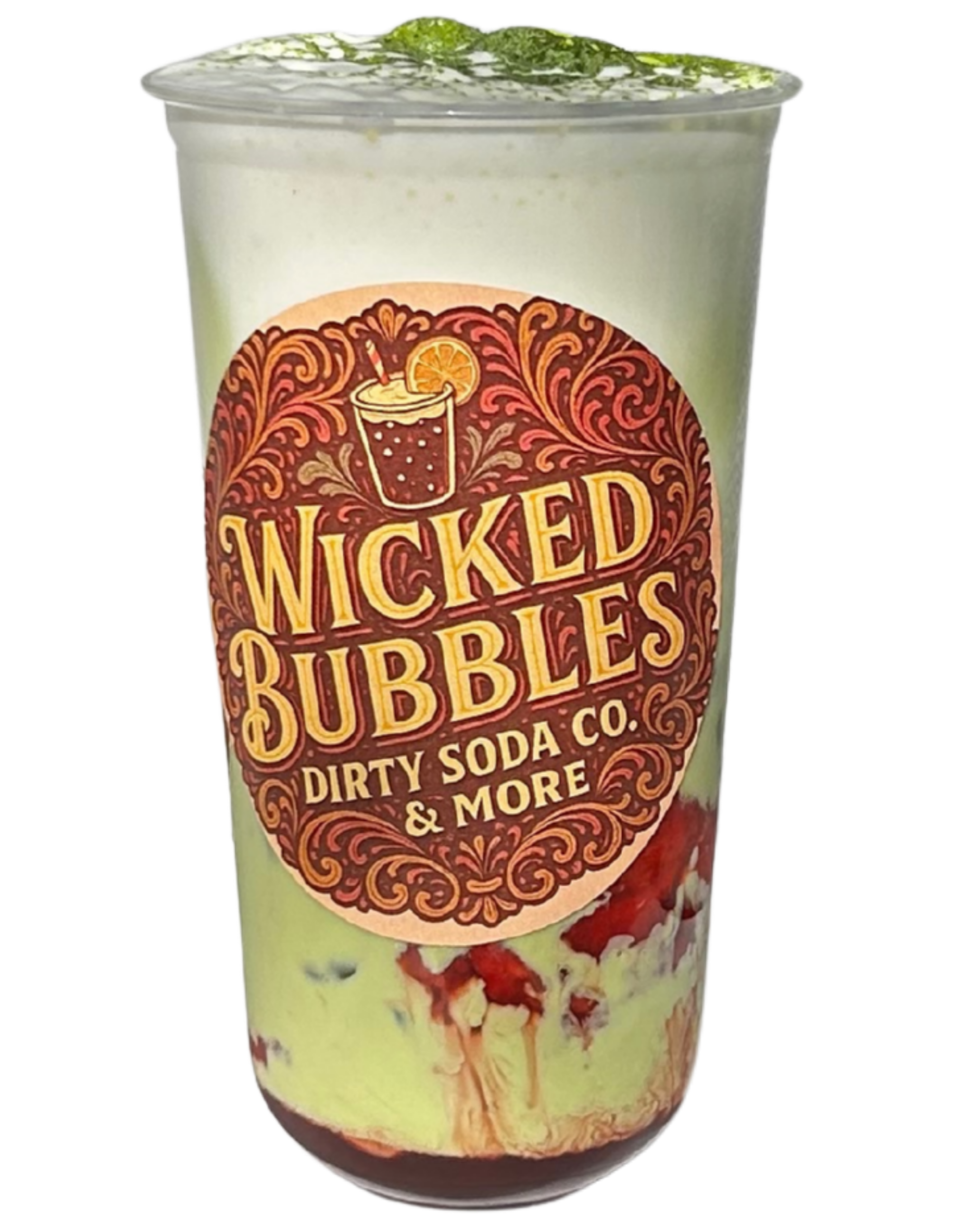 A cup of green milkshake with red syrup at the bottom, topped with whipped cream and green sprinkles, from Wicked Bubbles, Dirty Soda Co., and more.