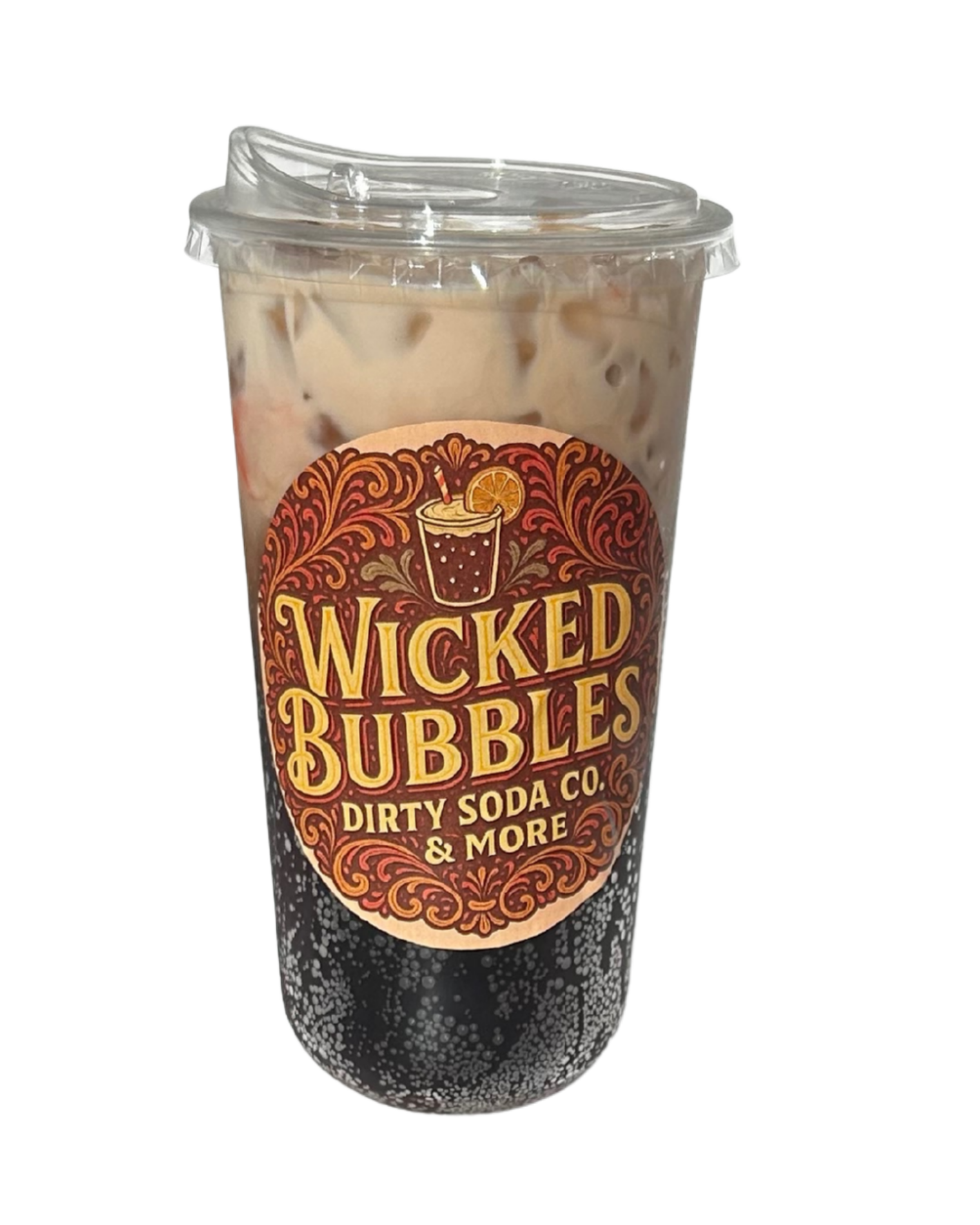 A plastic cup filled with iced soda or cola with ice cubes, featuring a colorful label that reads "Wicked Bubbles Dirty Soda Co. & More," with a decorative background and an illustration of a drink with an orange slice.