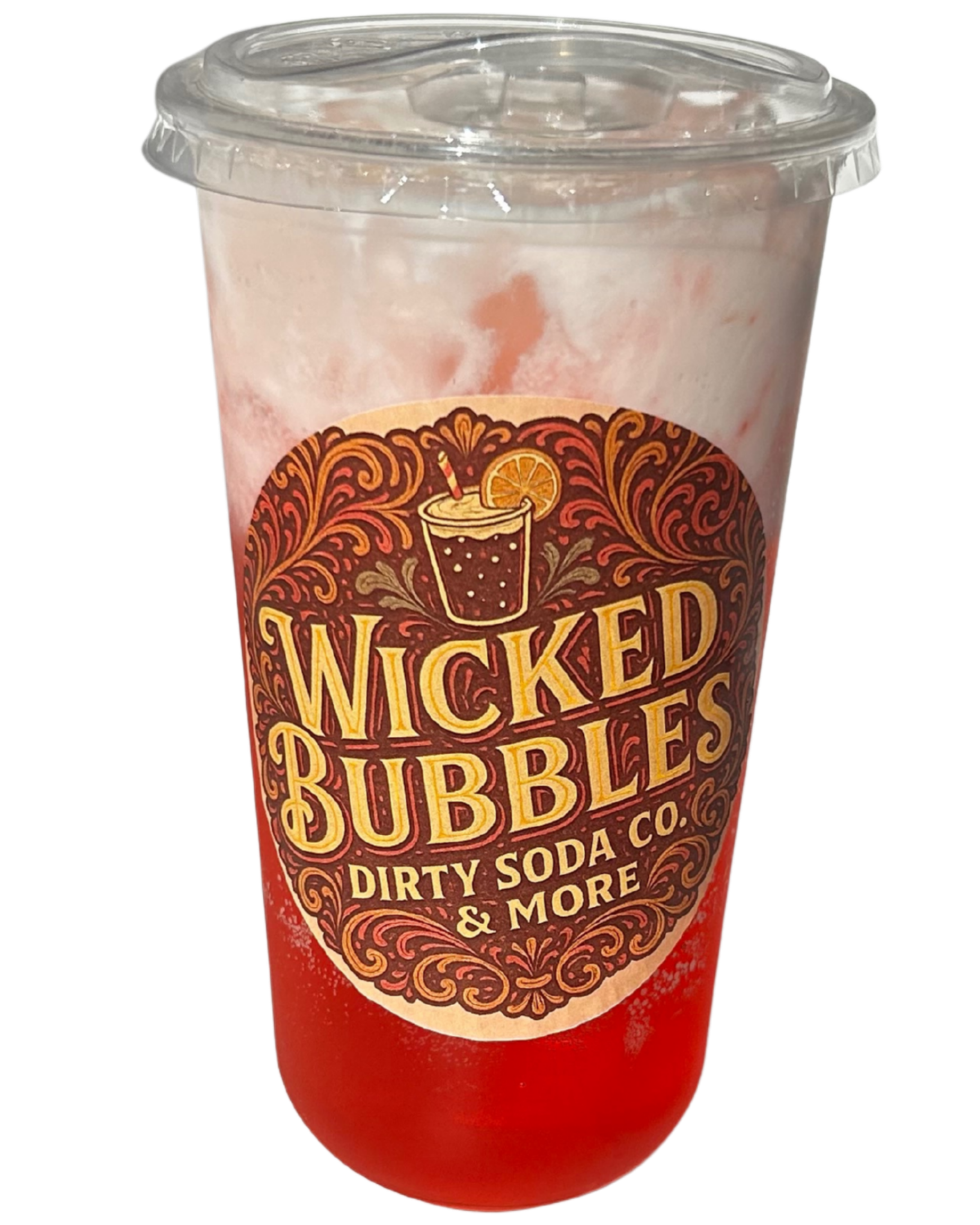 A plastic cup with a lid containing a red and white fizzy beverage. The cup has a label that reads "Wicked Bubbles, Dirty Soda Co. & More" with a graphic of a drink garnished with an orange slice.