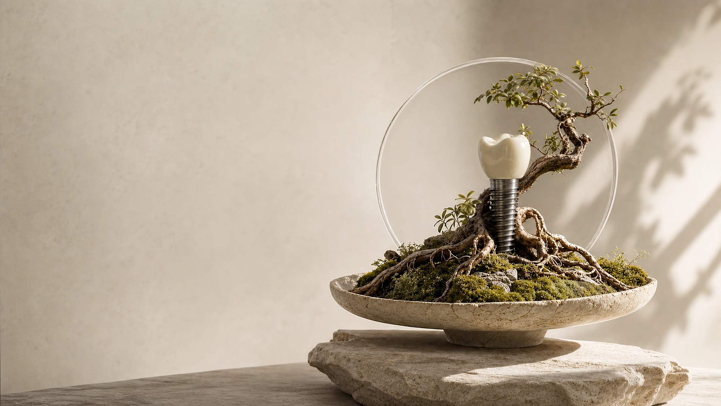 A bonsai tree whose roots embrace a ceramic crown and titanium dental implant.