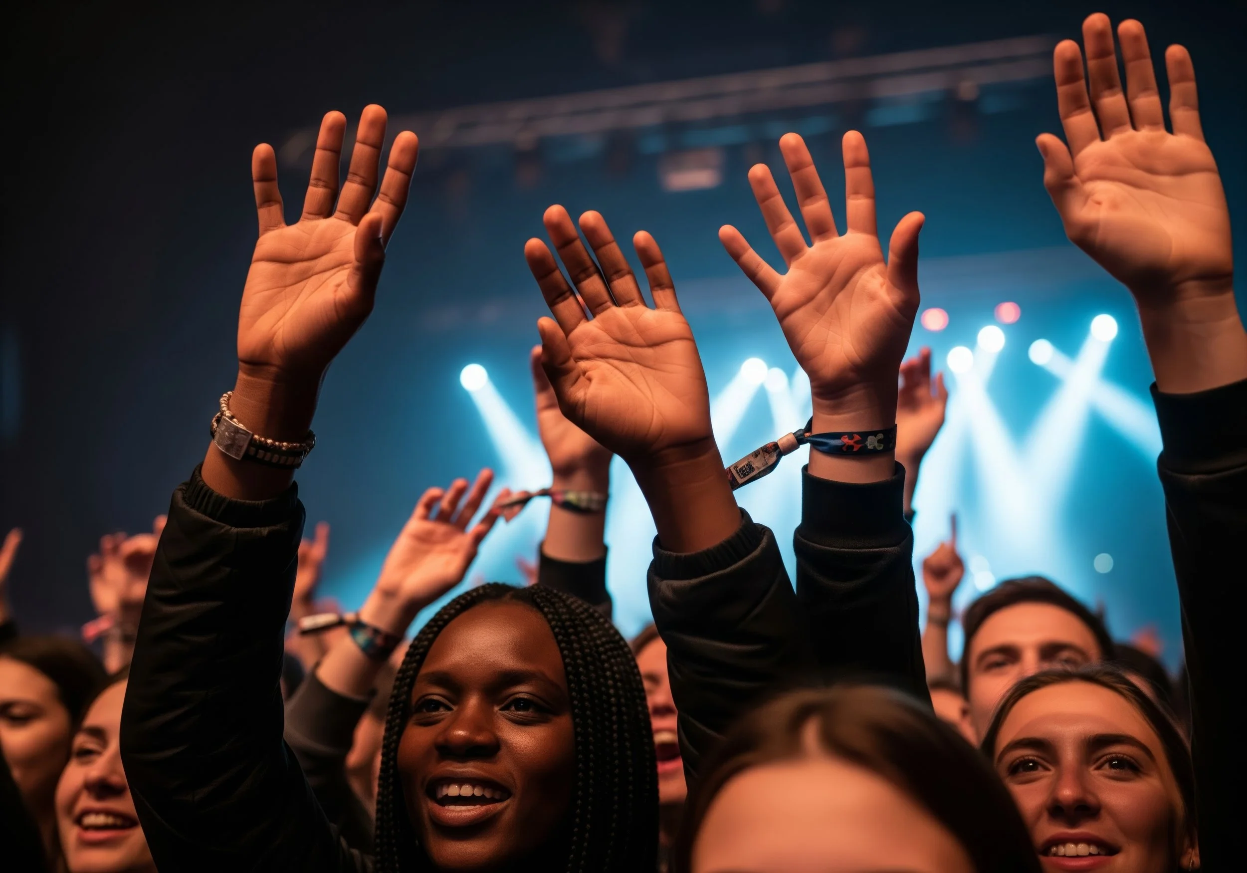Audience members raising their hands at a concert with blue stage lights in the background.