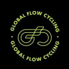 Logotipo de Global Flow Cycling con un diseño de una bicicleta estilizada y texto en círculo.