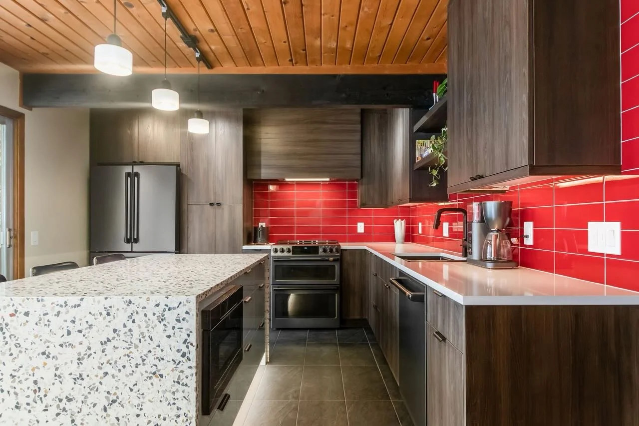 Still enamored over the Mid-century modern magic of the Highland home kitchen remodel 😍

From the durable and desirable Terrazzo island to the sleek slate tile, the space is ready to serve up something special 🍝 
#interiordesign #kitchenremodel #ho