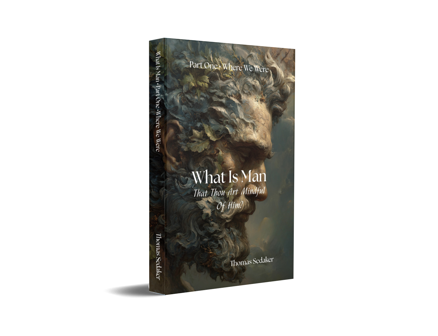 Book cover titled 'What Is Man' by Thomas Sedaker, featuring a profile of a bearded man with a swirling, cloudy background.