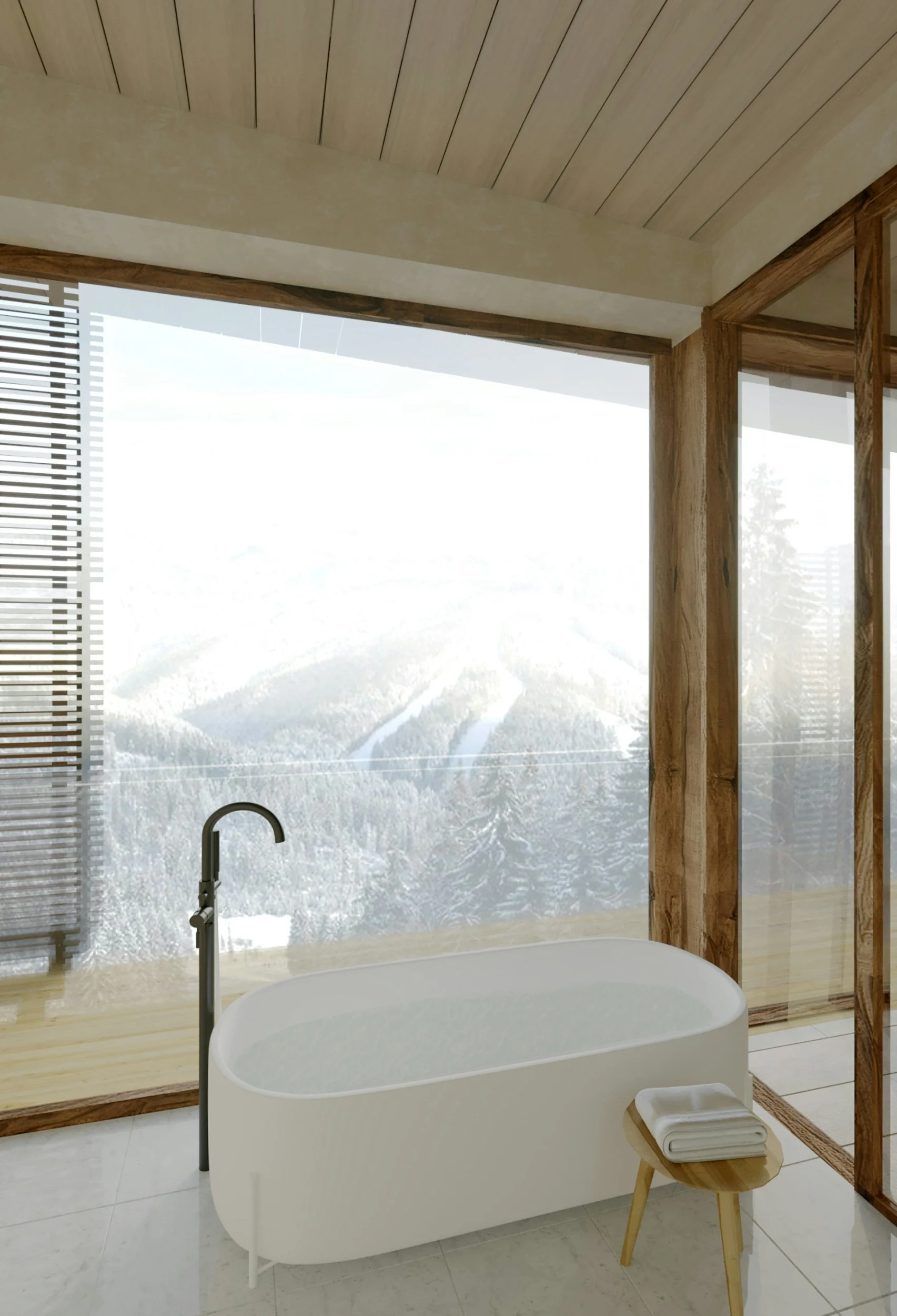 Modern bathroom with free-standing bathtub, wooden accents, and a large window overlooking snowy mountains.
