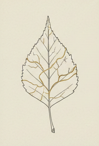 A line drawing of a leaf with visible vein structure.