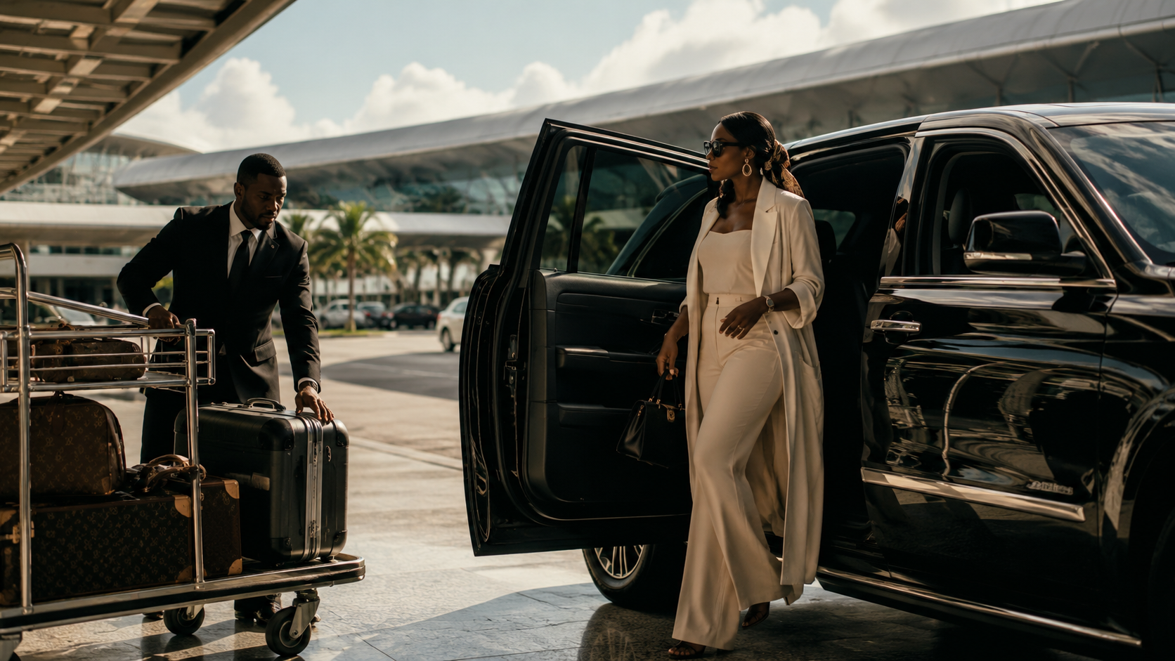 A woman in a cream suit and sunglasses exiting a black luxury car, with a man in a dark suit unloading luggage from a cart at an airport terminal.