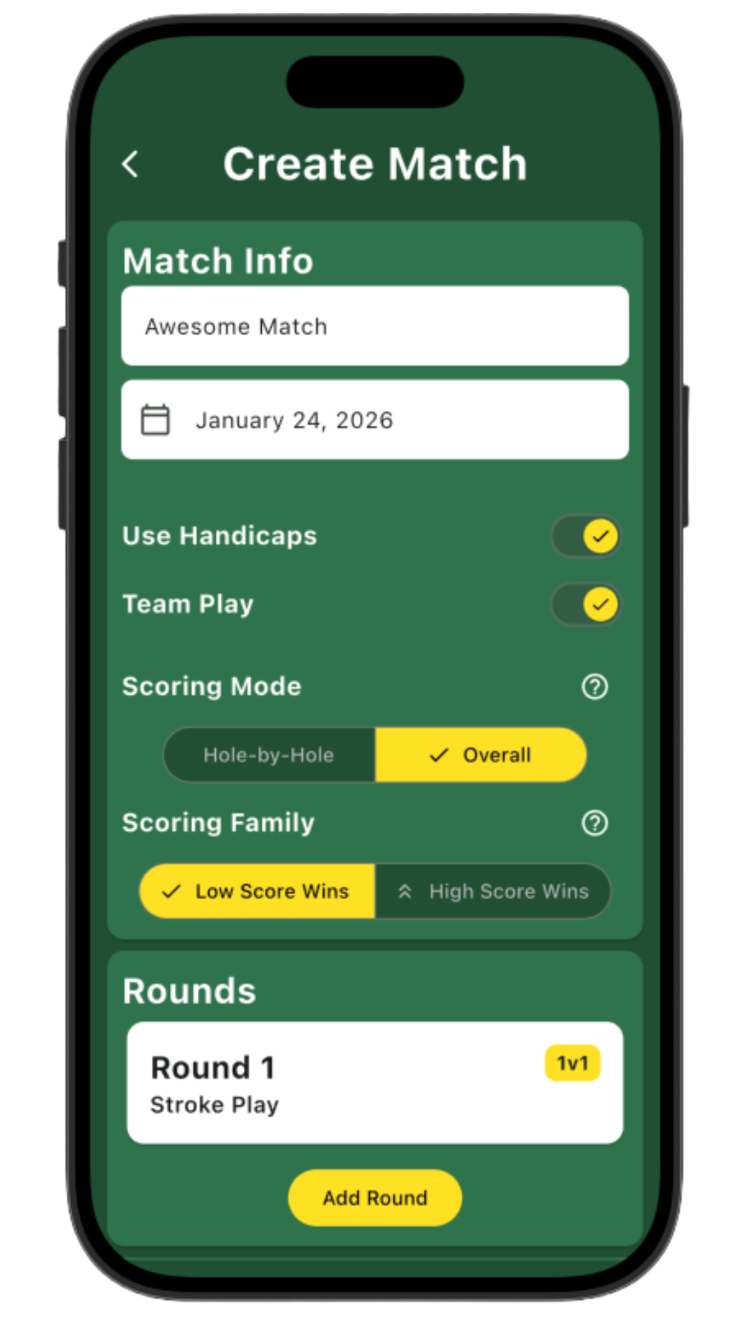 Mobile app screen with a golf match creation interface, including fields for match name, date, options to use handicaps and team play, scoring mode and family, and a section for adding rounds.
