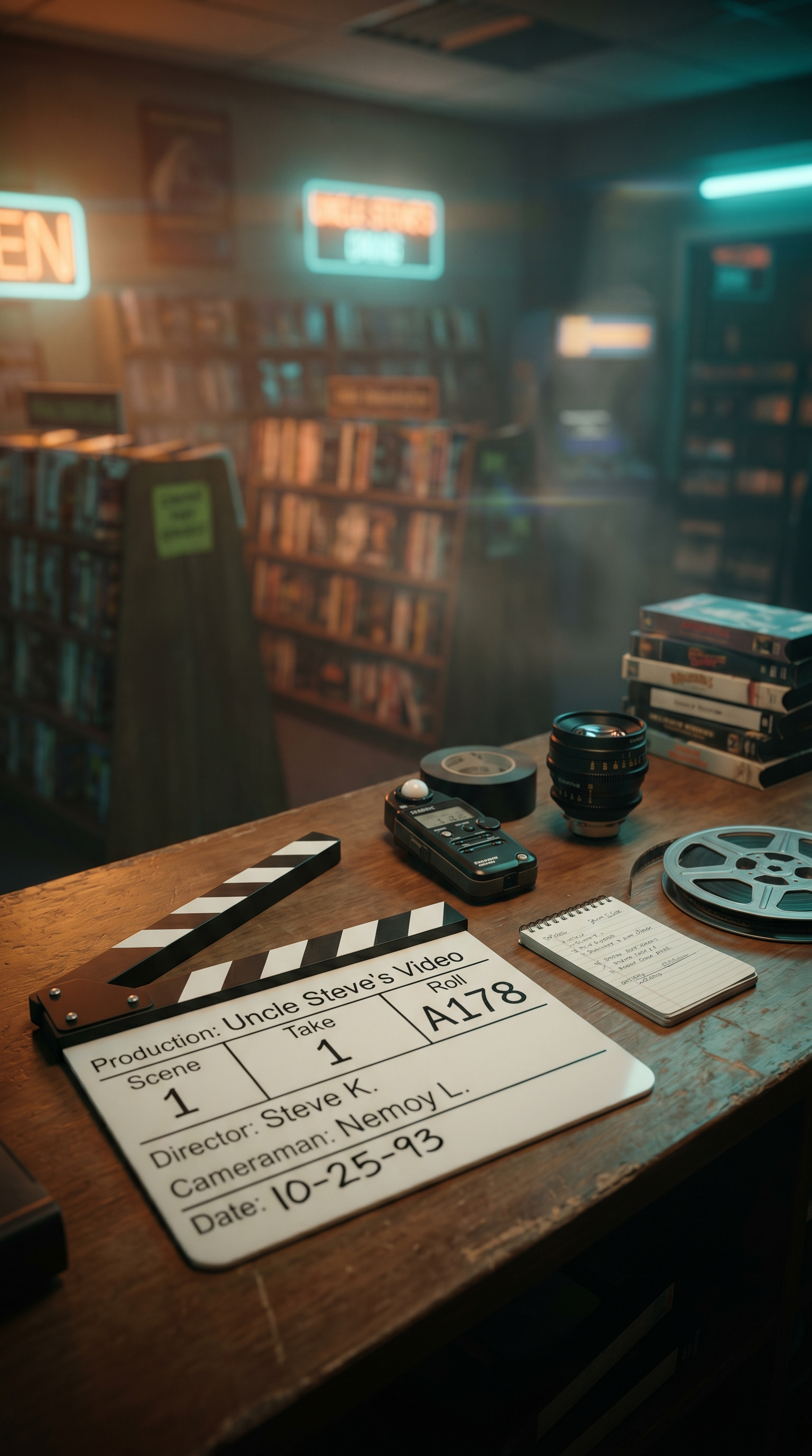 Classic white clapperboard and filmmaking tools on wooden counter in retro video store – Home Uncle Steve’s Video