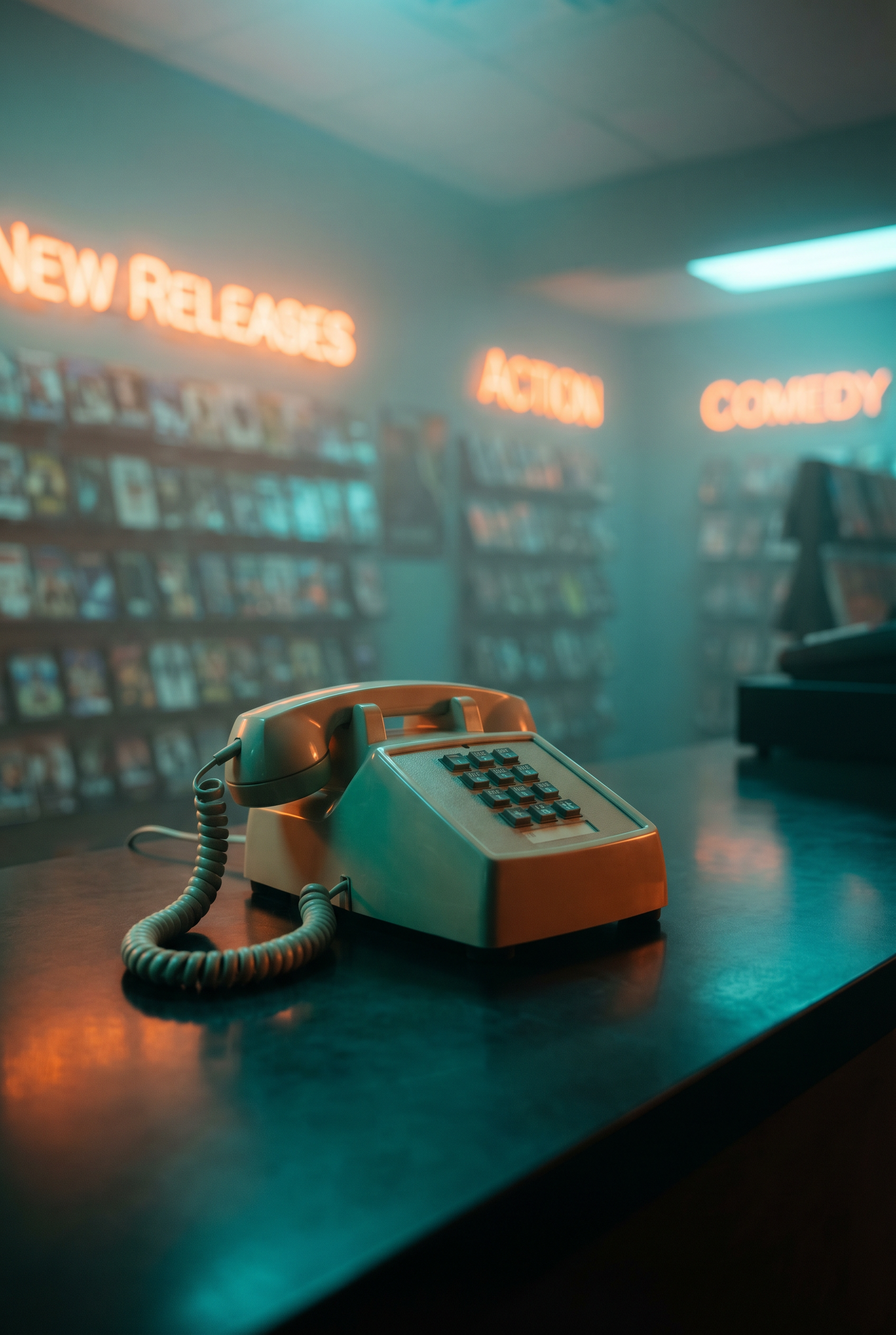 Glowing retro neon landline phone in teal and orange light – Contact Uncle Steve’s Video for cinematic video production