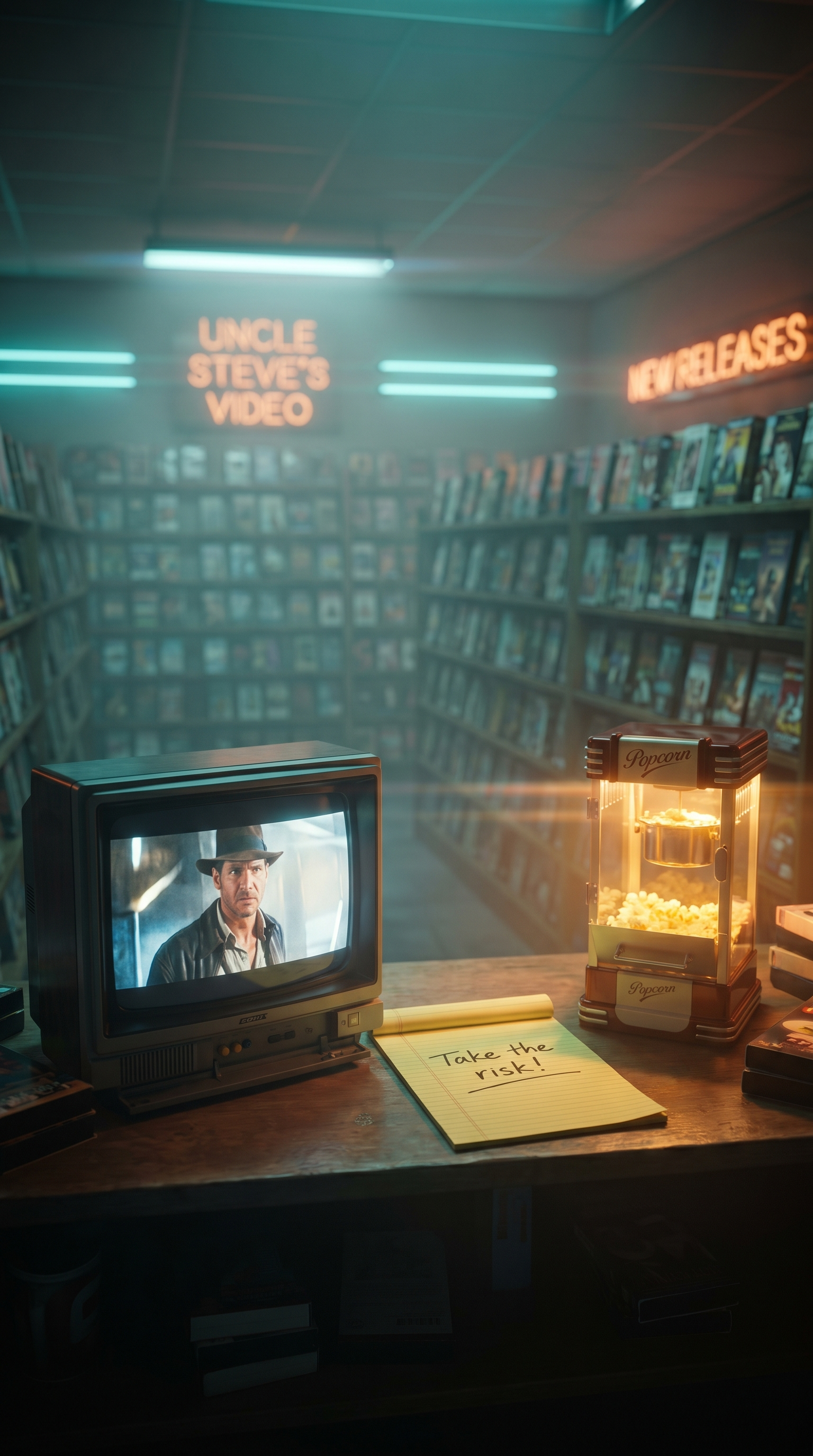 Retro video store scene with glowing CRT TV, popcorn machine, and yellow legal pad saying "Take the risk!" – About Uncle Steve’s Video
