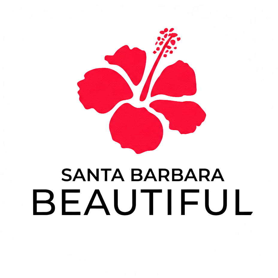 Red hibiscus flower graphic with the text 'Santa Barbara Beautiful' beneath it.