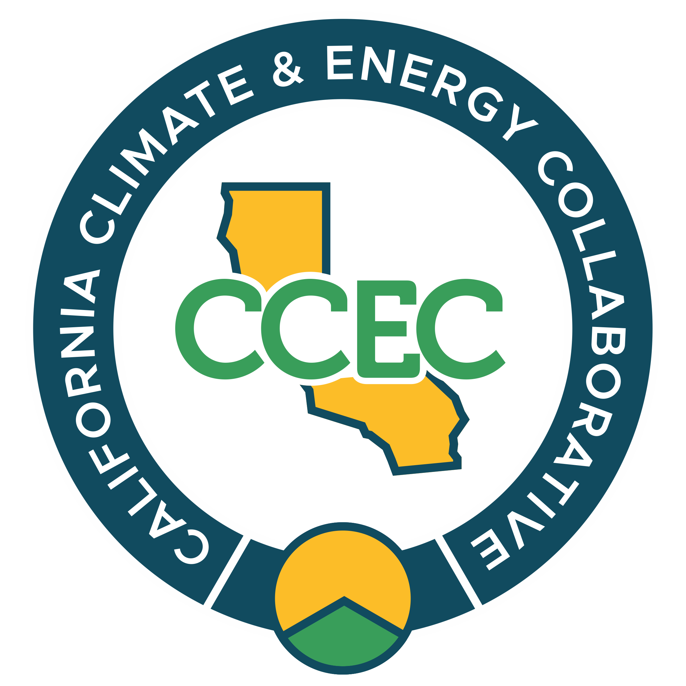 Logo of the California Climate & Energy Commission, featuring a yellow map outline of California, green initials 'CCEC' across it, and the surrounding circular text 'California Climate & Energy Collective'.