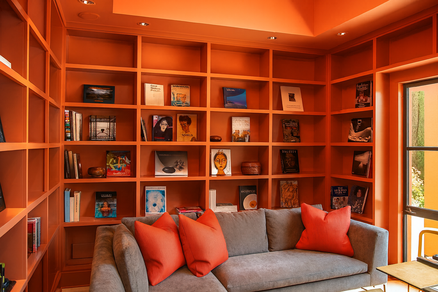 A cozy living room corner with a grey sectional sofa facing a wooden bookshelf filled with books and decorative items, orange pillows on the sofa, and a window letting in natural light.