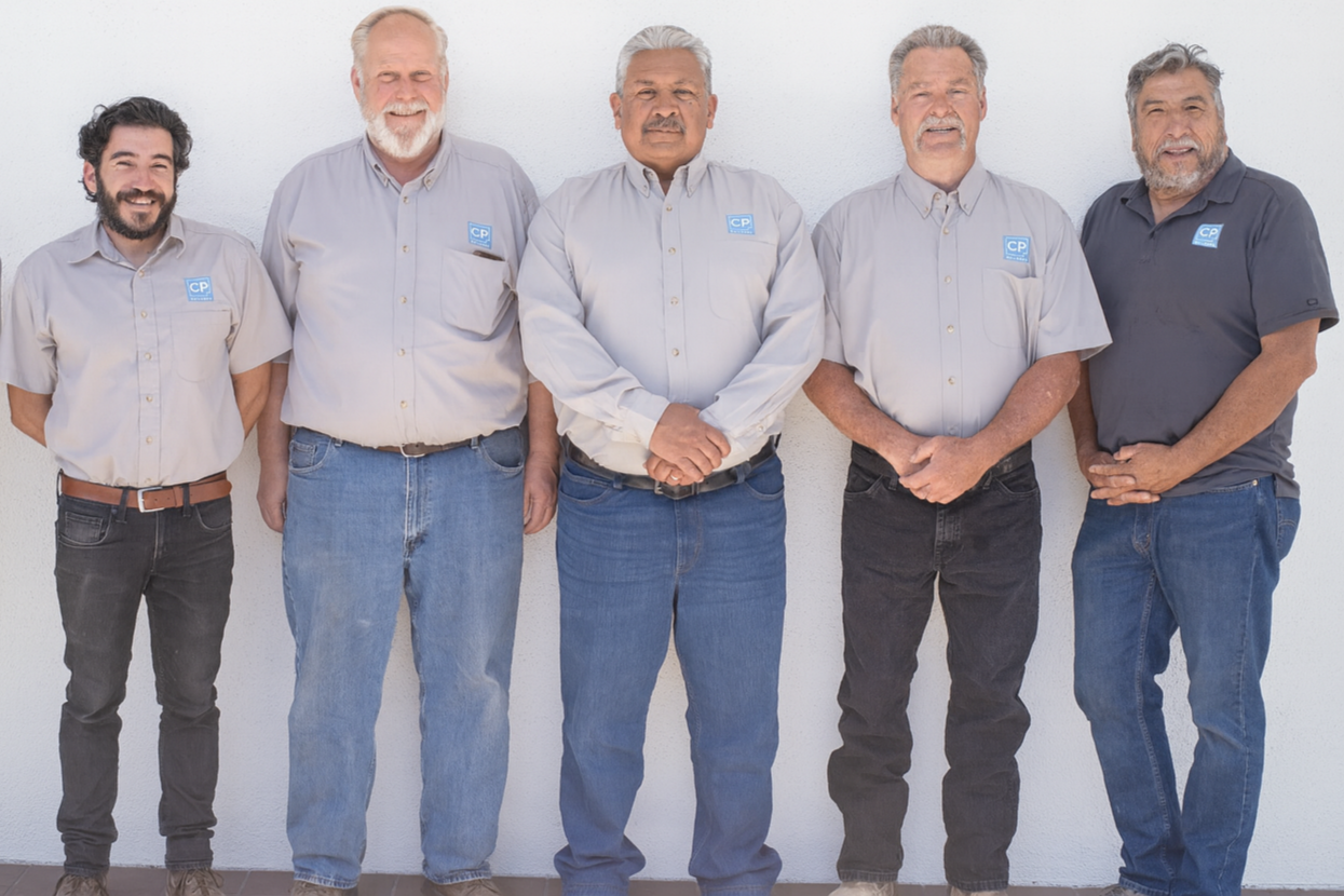 Group of five men standing side by side against a white background, wearing shirts with a logo.