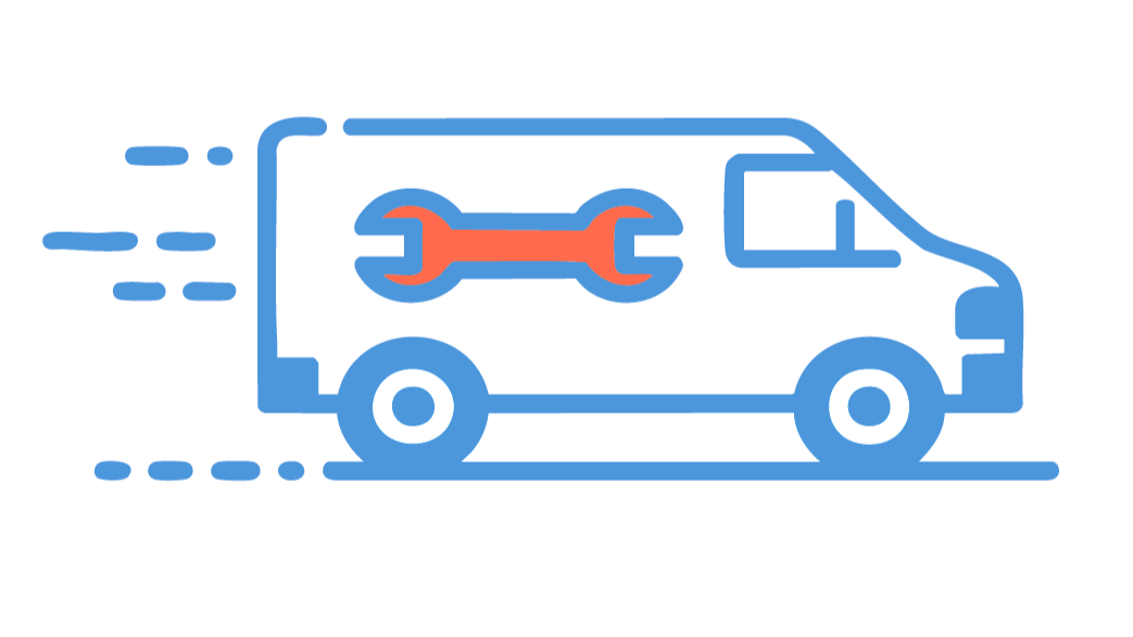 Icon of a delivery van with motion lines, a red wrench inside, indicating repair or maintenance service.
