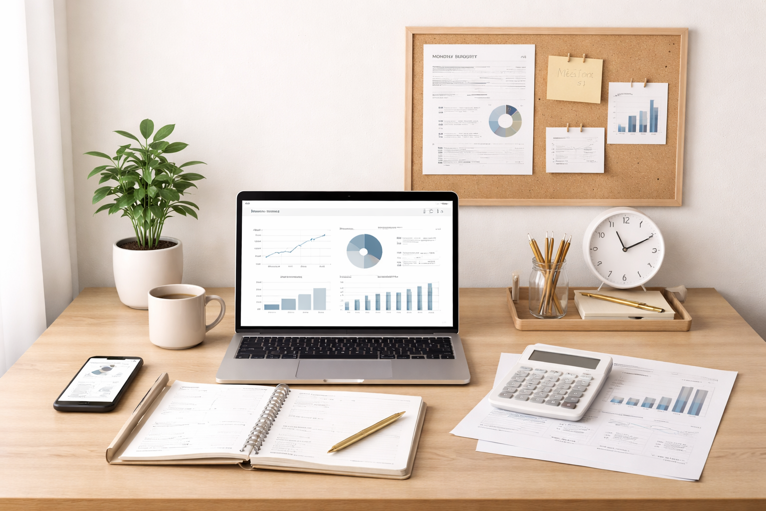 A tidy wooden desk with a laptop displaying financial data, a smartphone, an open planner with a pen, a white cup of coffee, a potted plant, statistical papers, a calculator, and a clock; corkboard with charts and notes on the wall behind.