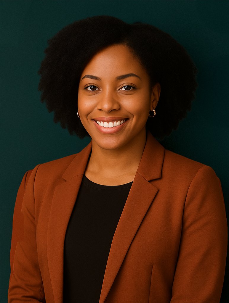 A young woman with natural curly hair, smiling, wearing a brown blazer and earrings, against a dark green background.