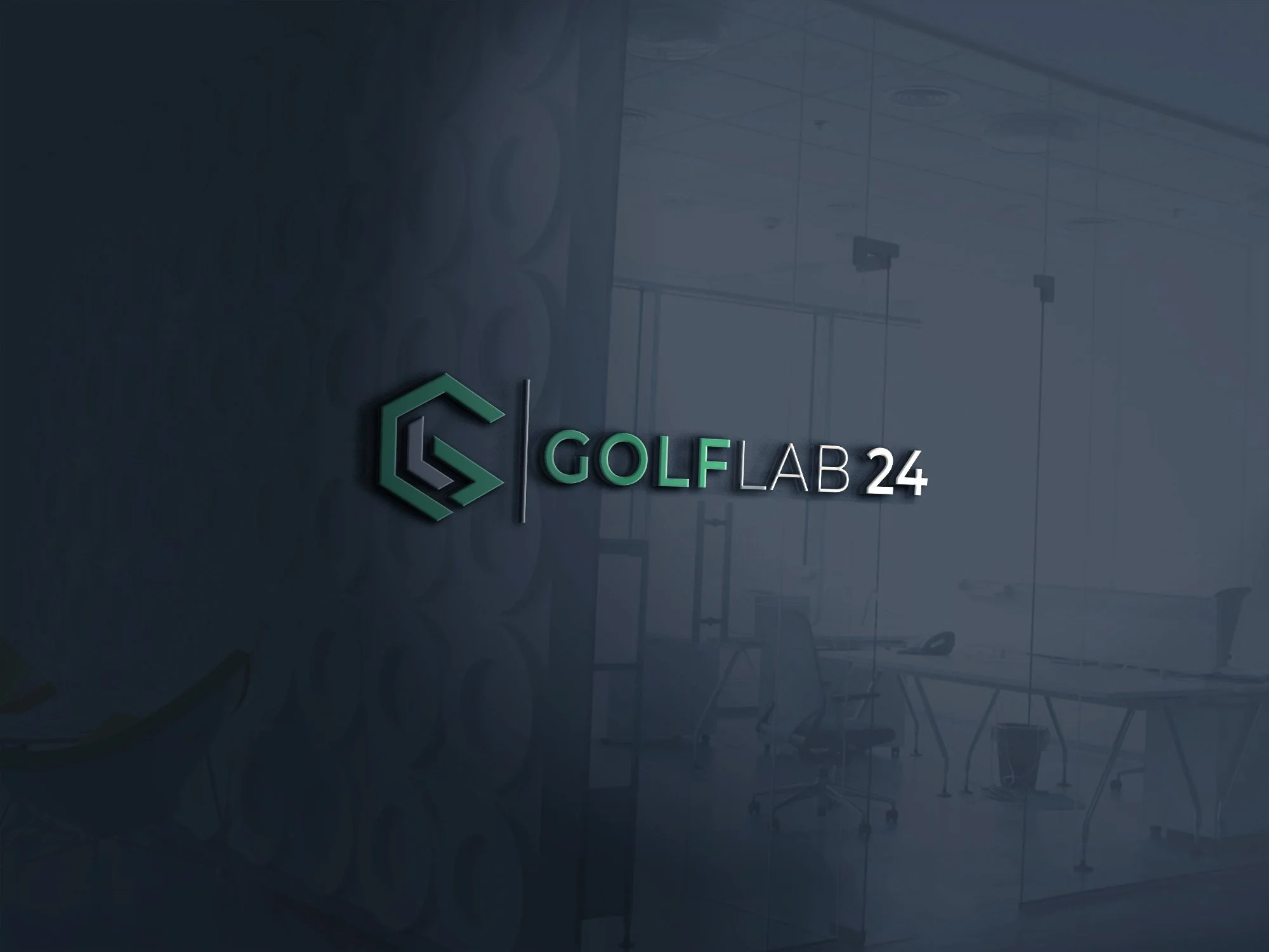 Office window with the logo 'GOLF LAB 24' on the glass wall.