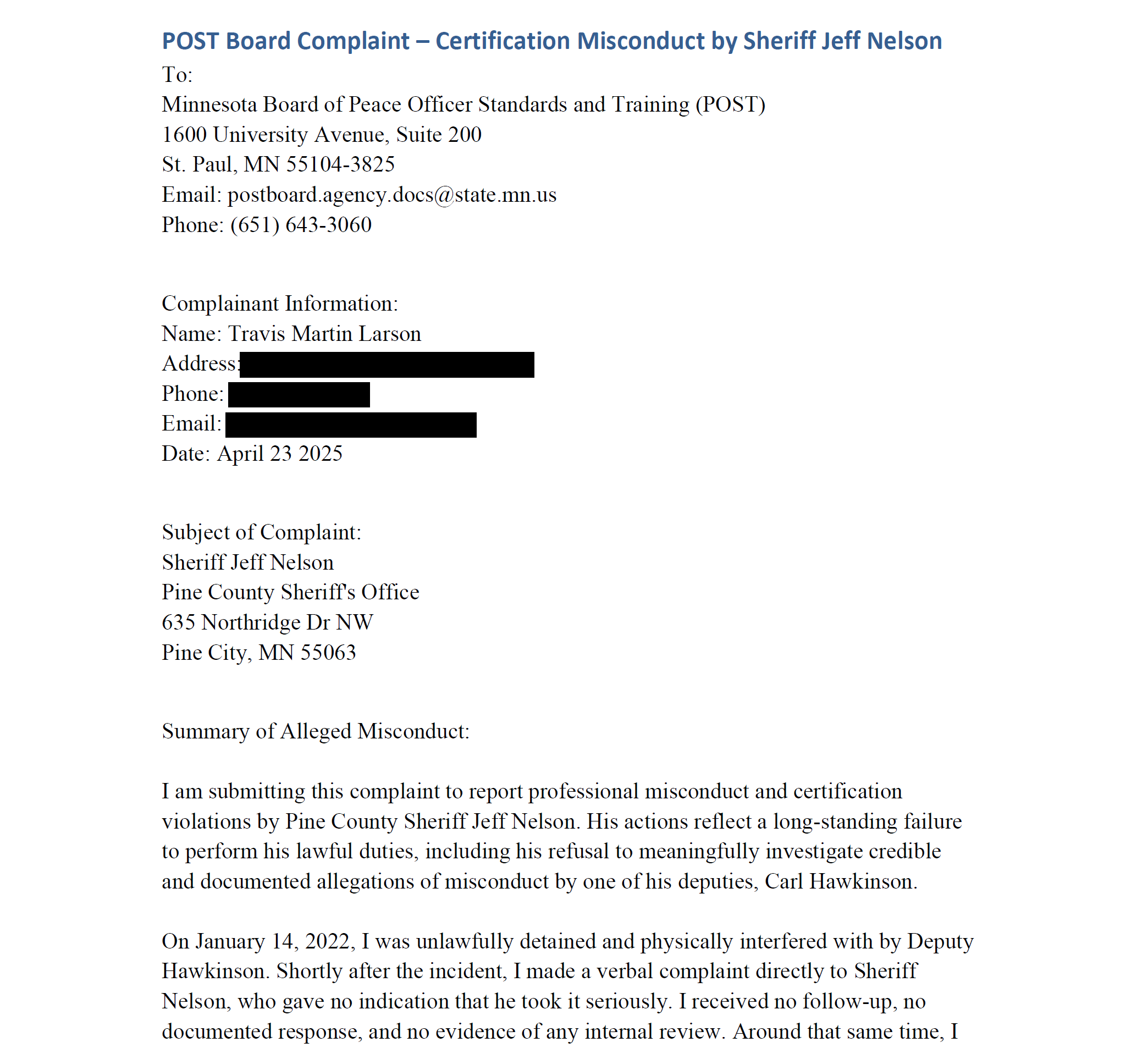 Legal document titled 'POST Board Complaint — Certification Misconduct by Sheriff Jeff Nelson' with complainant and defendant information redacted, including dates and details of misconduct allegations.