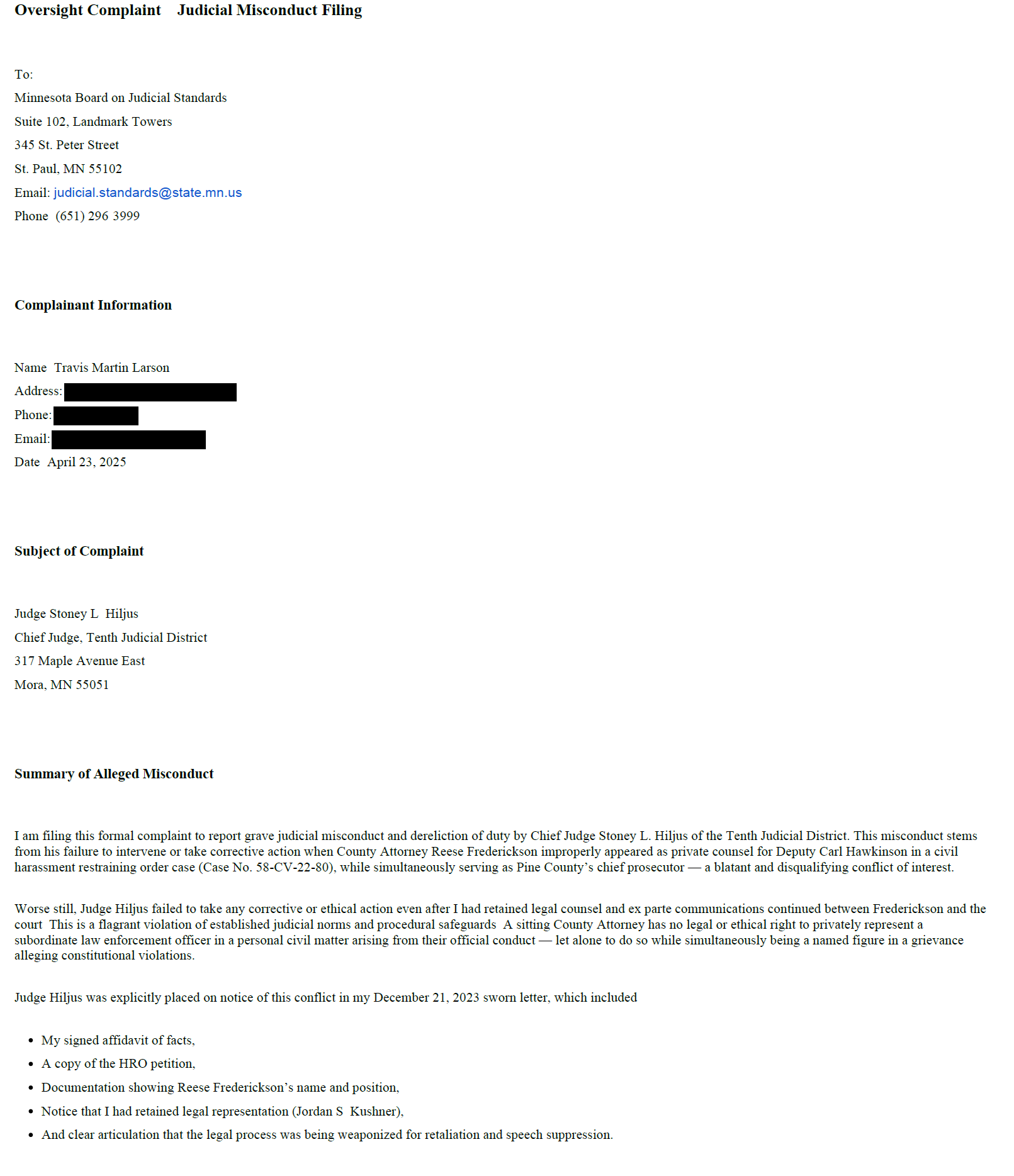 A legal document titled 'Oversight Complaint Judicial Misconduct Filing' addressed to the Minnesota Board on Judicial Standards, including complainant and judge information, with a detailed description of alleged judicial misconduct and supporting documentation.