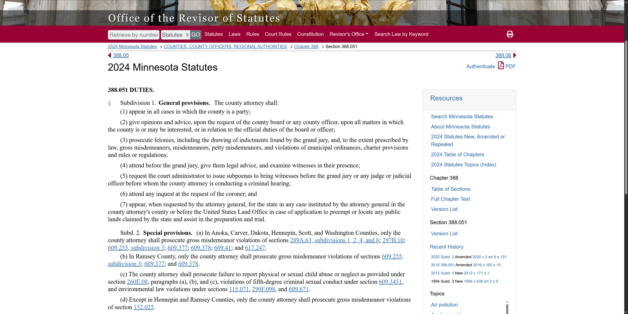 Screenshot of the legal text from the Minnesota Statutes 2024, specifically Chapter 388, Section 388.051, outlining duties of county attorneys, including general provisions and special provisions.