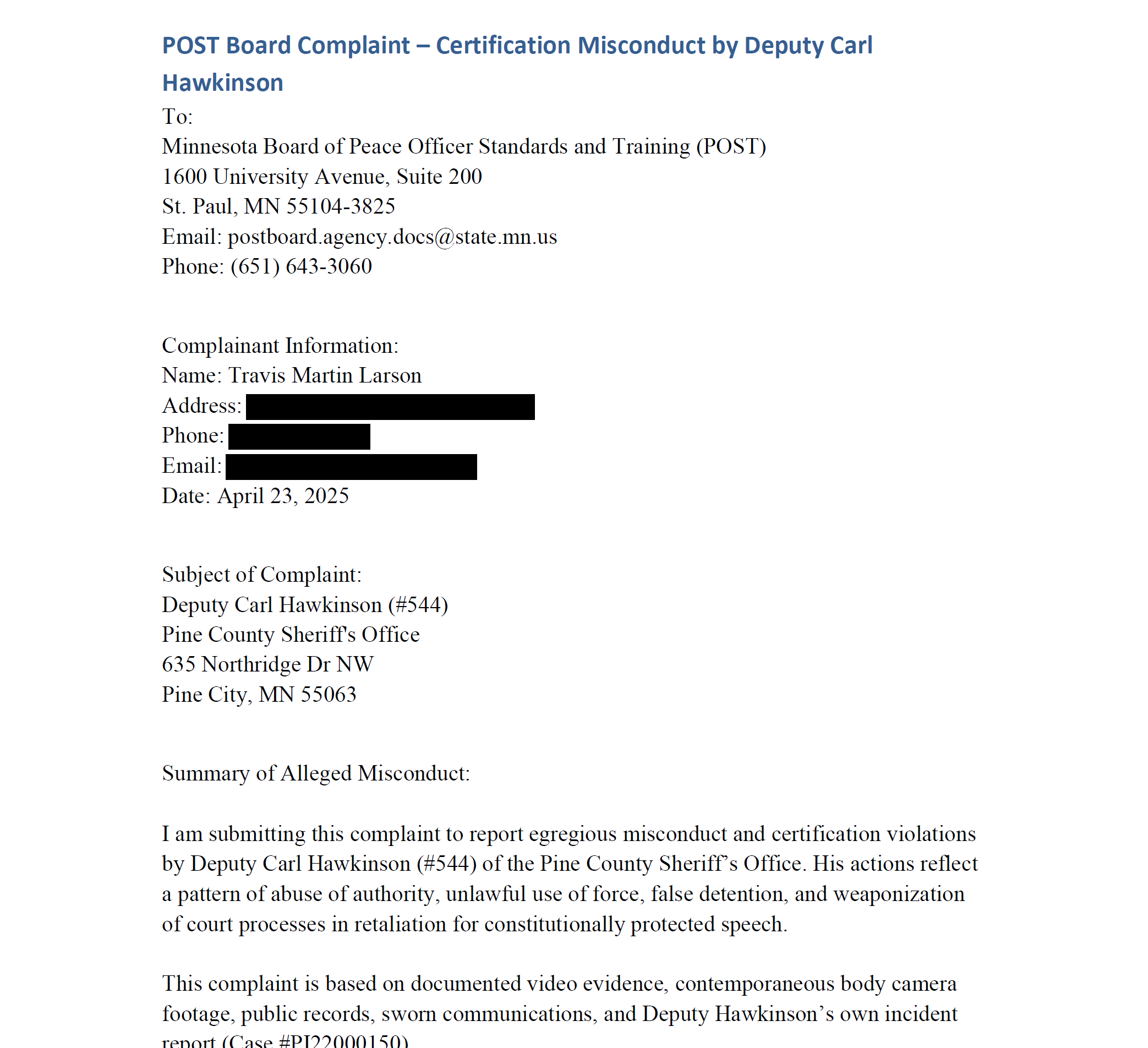 Screenshot of a formal complaint letter addressed to the Minnesota Board of Peace Officer Standards and Training, detailing allegations against Deputy Carl Hawkins by Travis Martin Larson, dated April 23, 2025.