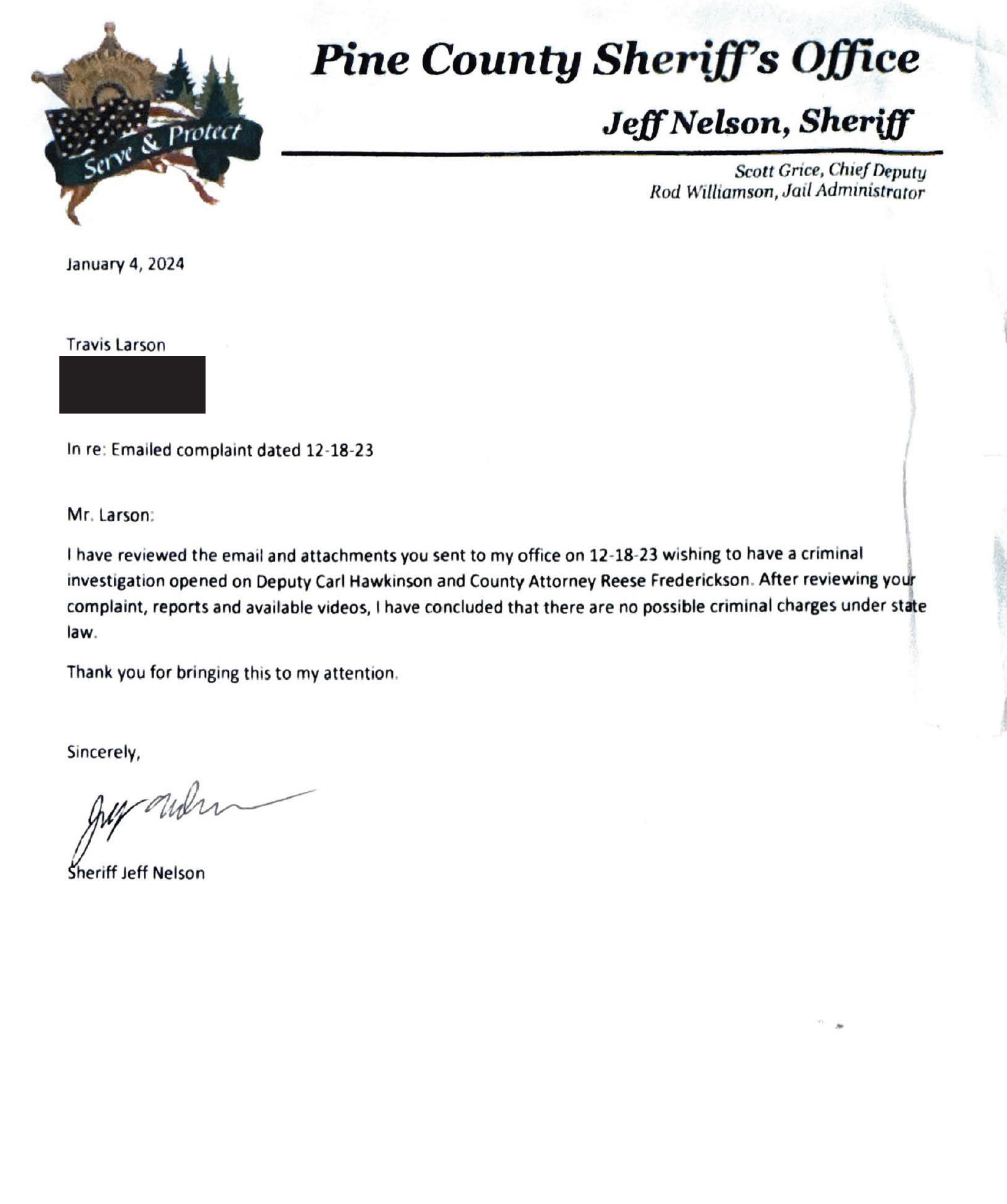 Official letter from Pine County Sheriff's Office with sheriff's badge and emblem at the top left, dated January 4, 2024, addressed to Travis Larson, regarding criminal investigation review, signed by Sheriff Jeff Nelson.