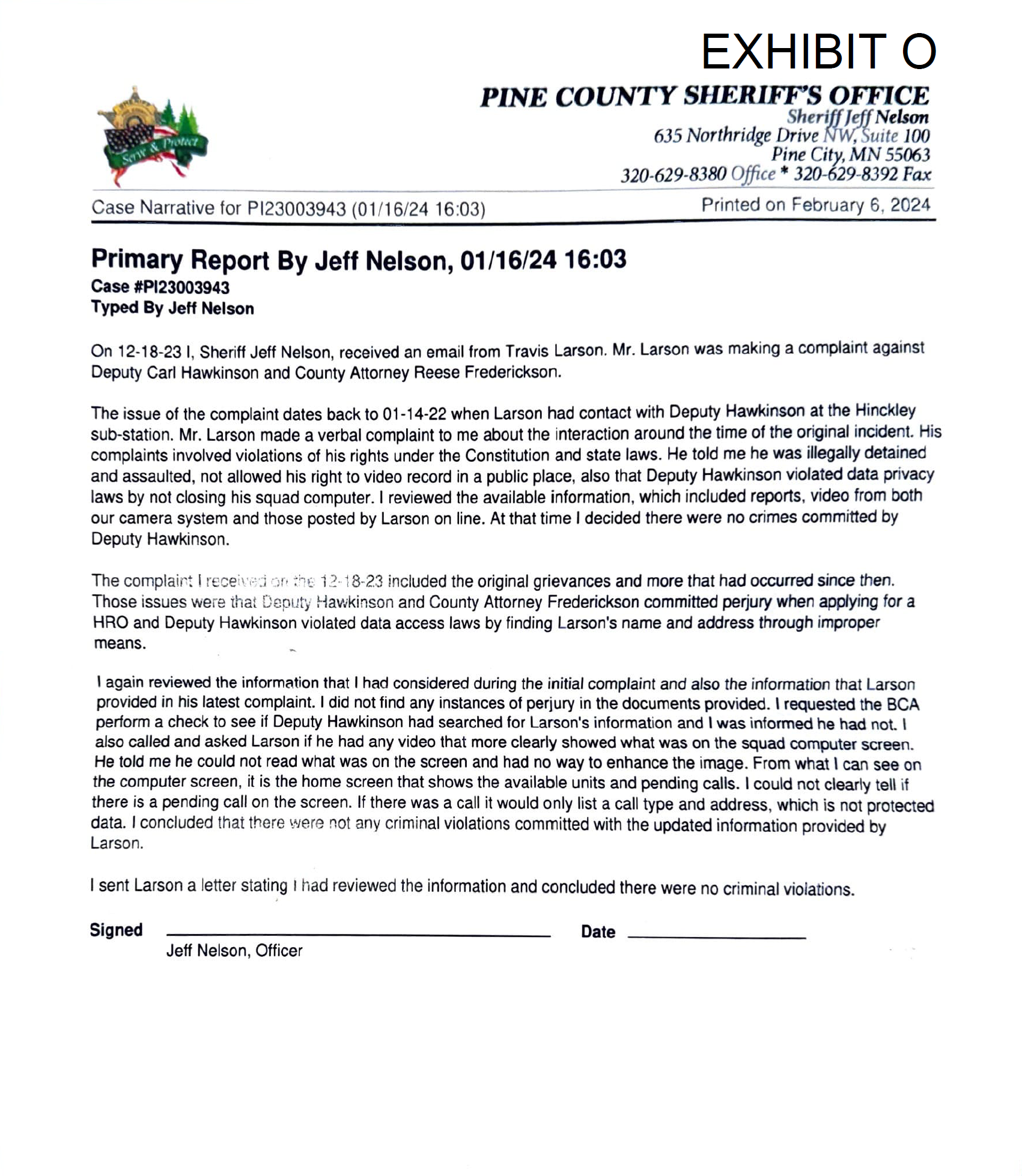 Official Pine County Sheriff's Office case report document with official letterhead, case details, and signature lines.