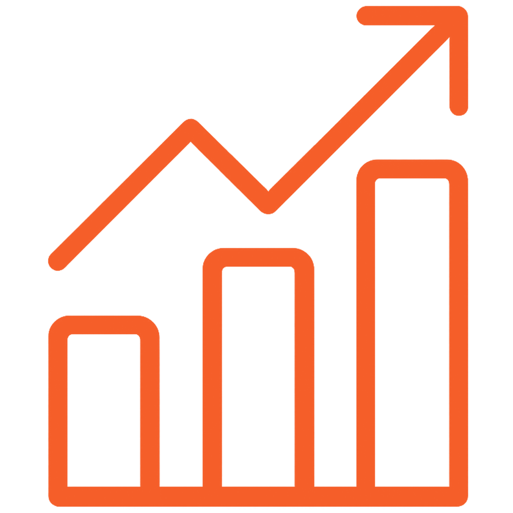 Orange line graph with upward trend and four vertical bars, representing growth.