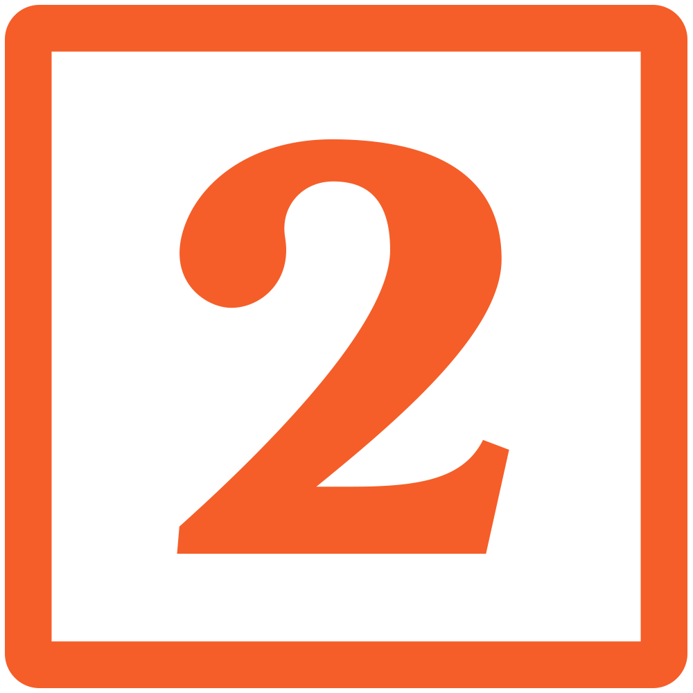 Number 2 in orange on black background, enclosed in an orange square border.