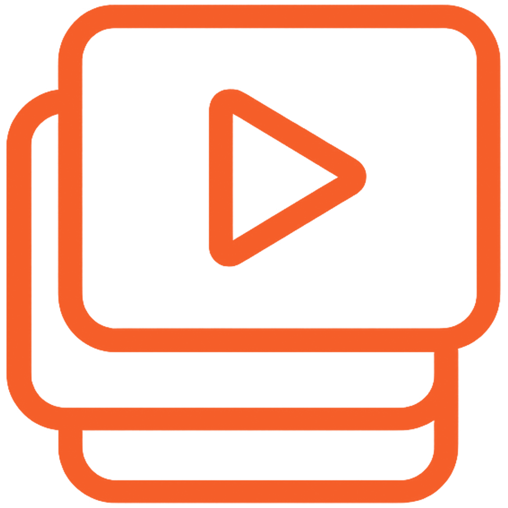 Icon of a document with a play button symbol in the center, outlined in orange.