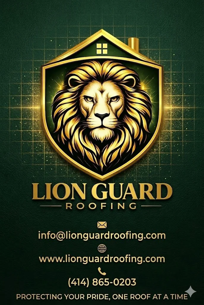 Business card for Lion Guard Roofing featuring a lion's face within a shield, contact info, and the slogan 'Protecting Your Pride, One Roof at a Time' on a green background.