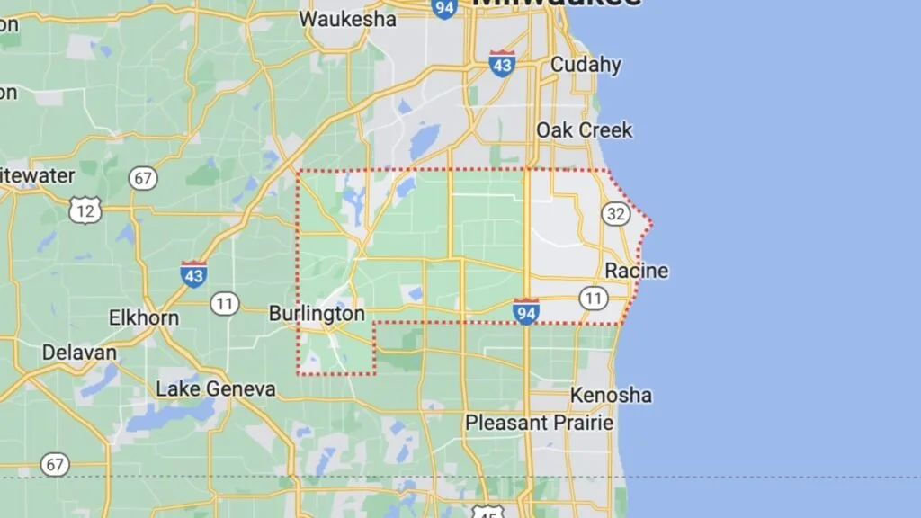 Map of southeastern Wisconsin with area borders outlined, including cities such as Milwaukee, Racine, Kenosha, Burlington, Elkhorn, and Lake Geneva.