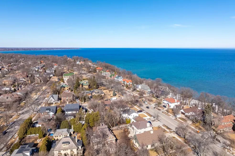 Aerial view of home roofs along Lake Michigan in Shorewood, Wisconsin