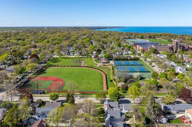 Aerial view of residential neighborhoods and parks, roofs in Whitefish Bay, Wisconsin